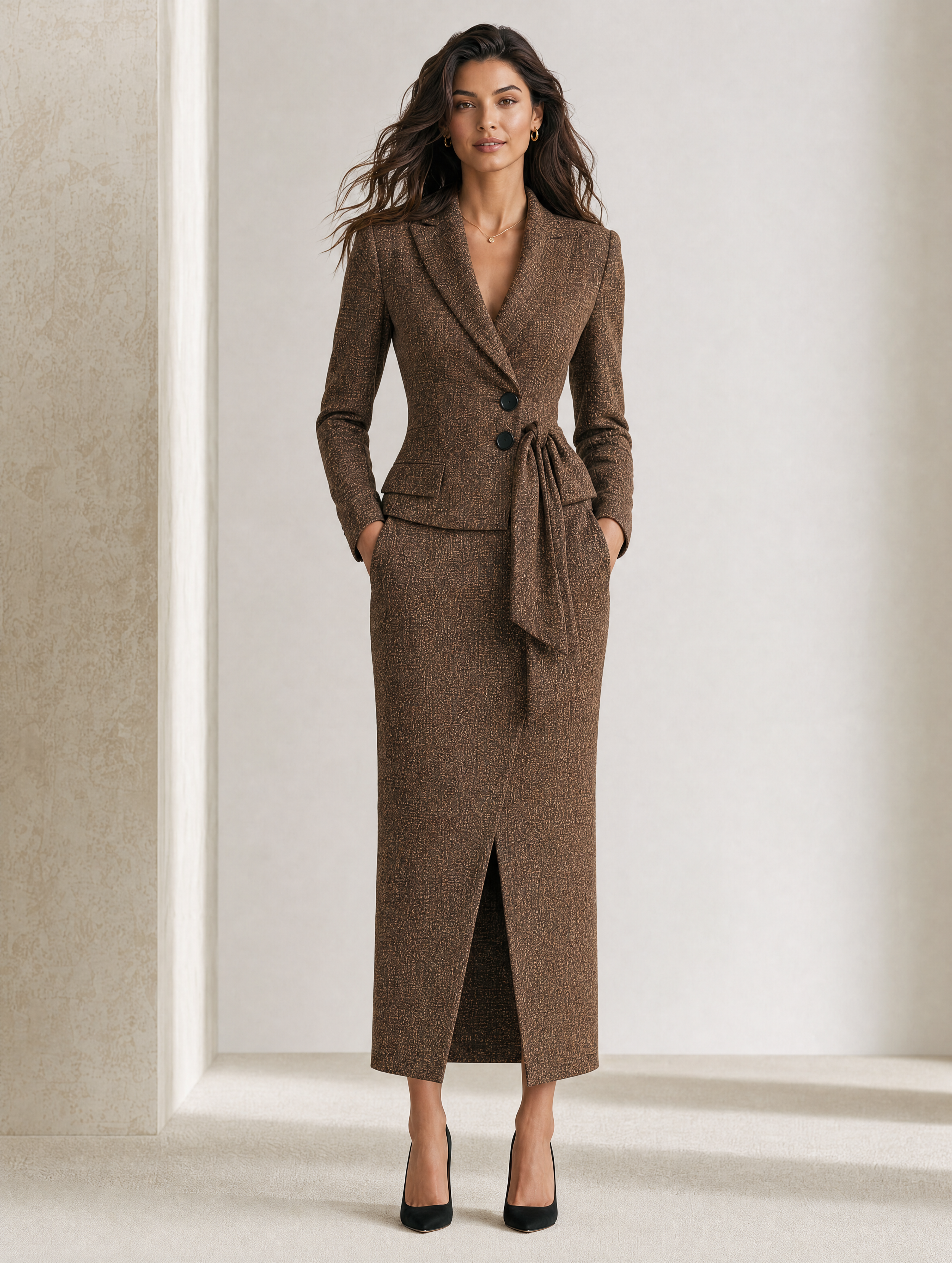 Elegant Brown Mixed-Weave Wool-Blend Blazer And Skirt Set