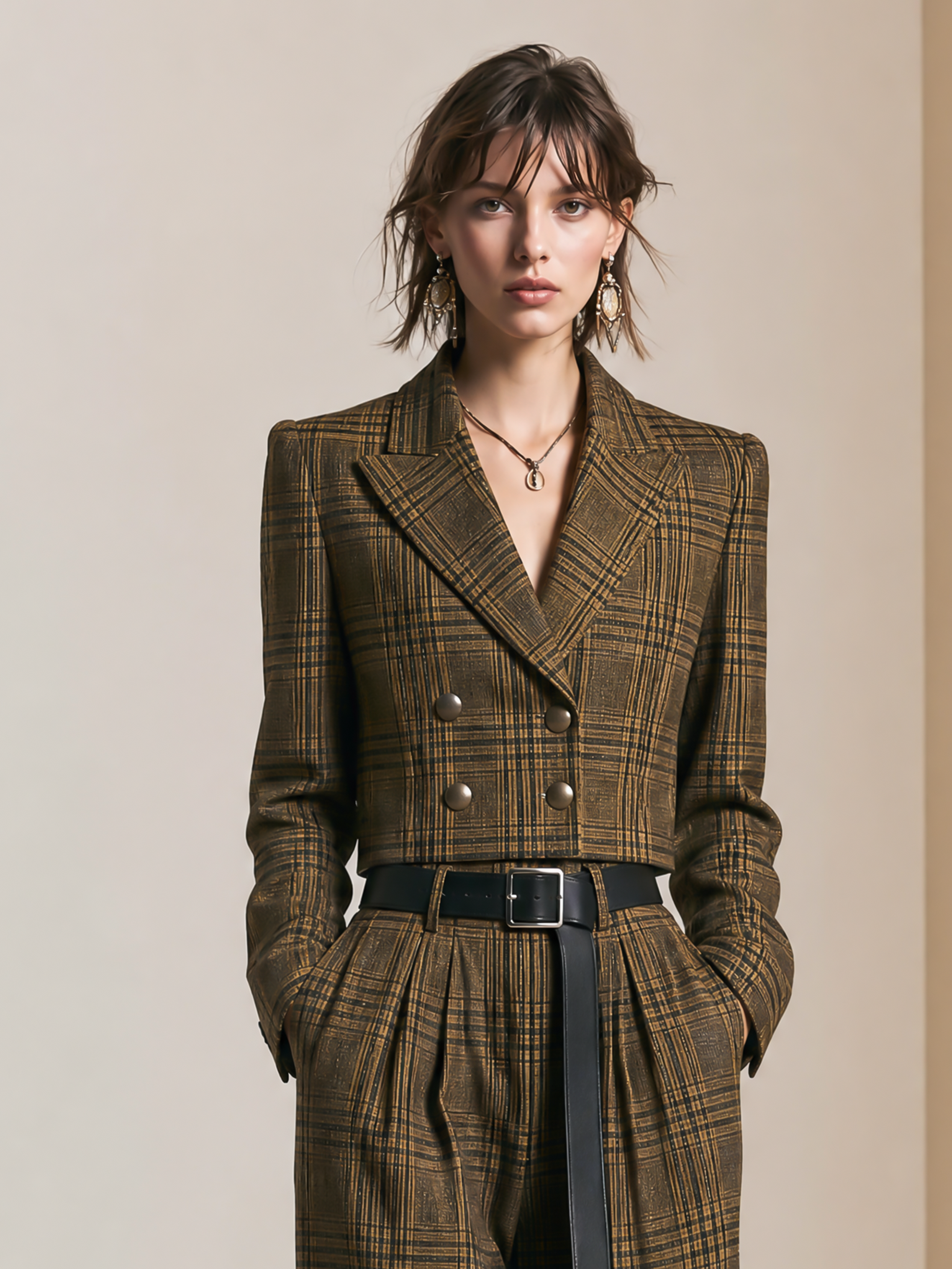 Elegant Olive Brown & Dark Coffee Plaid Cropped Blazer