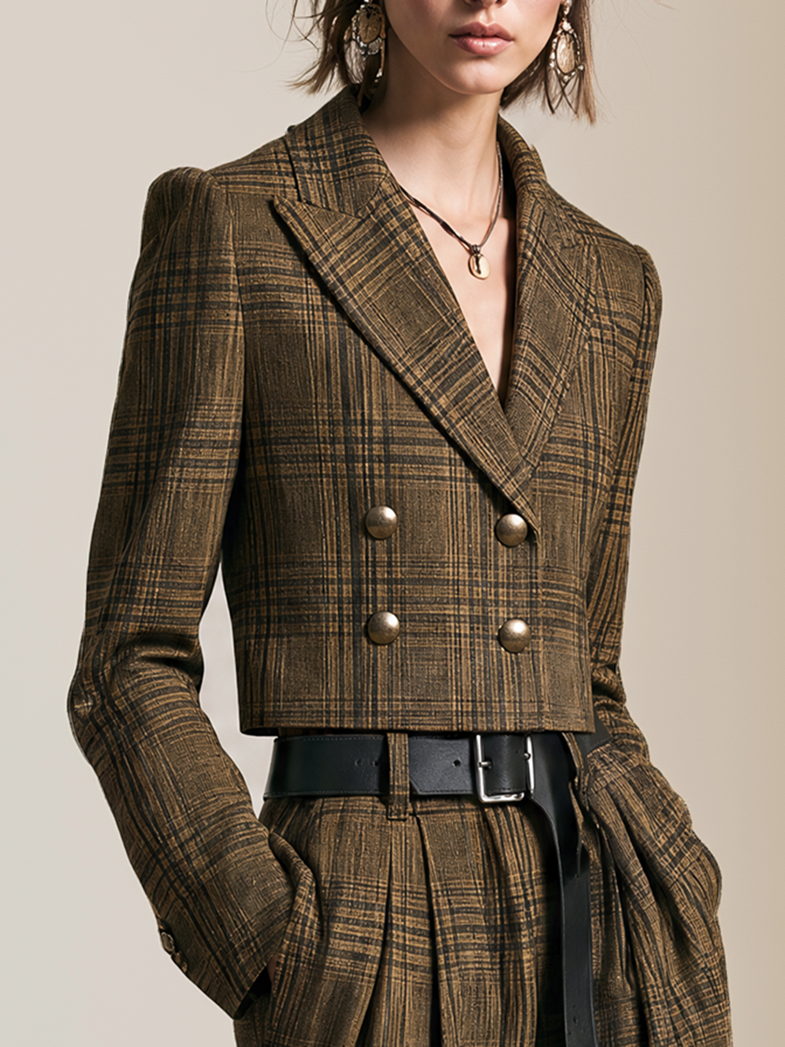 Elegant Olive Brown & Dark Coffee Plaid Cropped Blazer