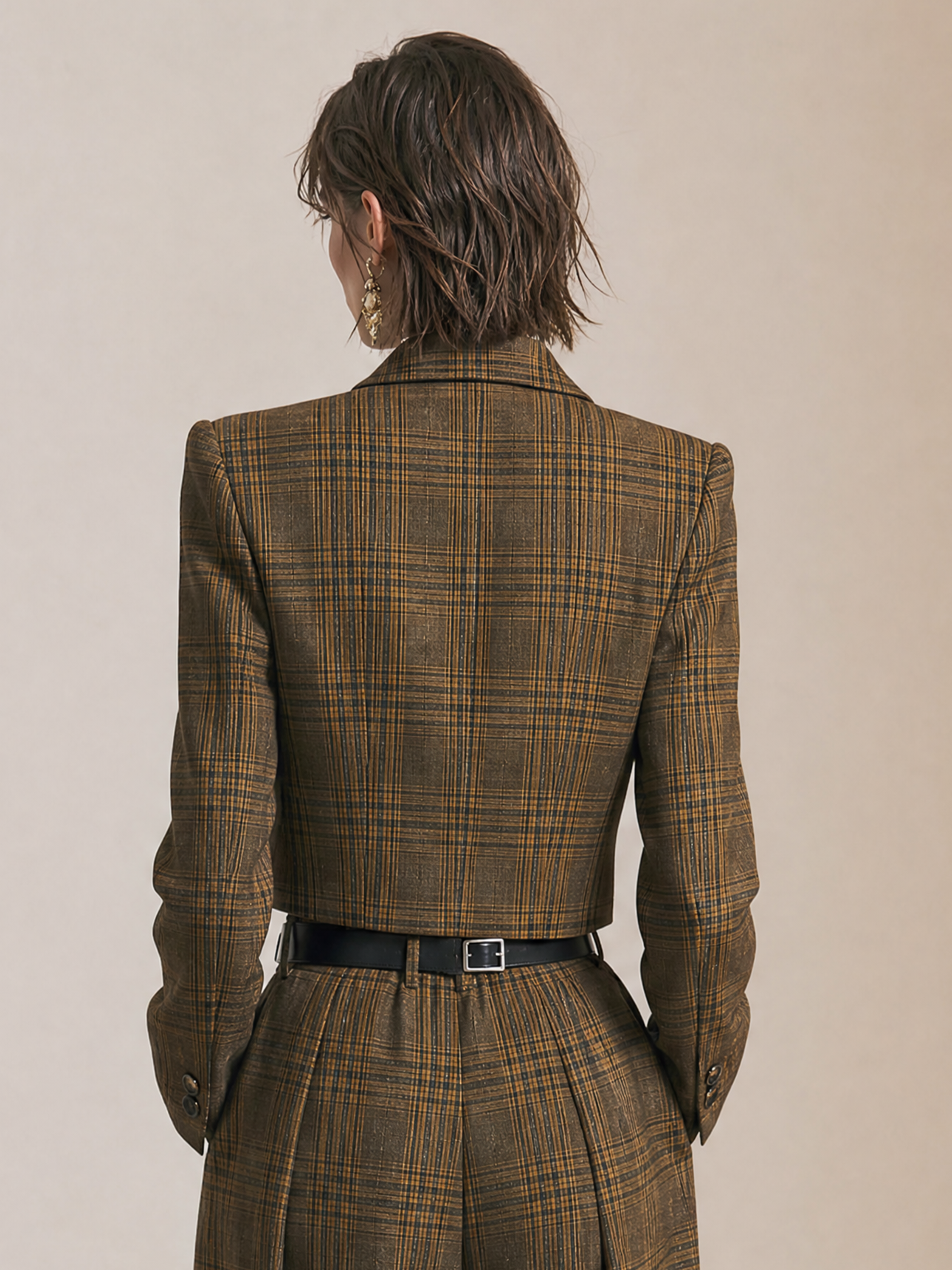 Elegant Olive Brown & Dark Coffee Plaid Cropped Blazer