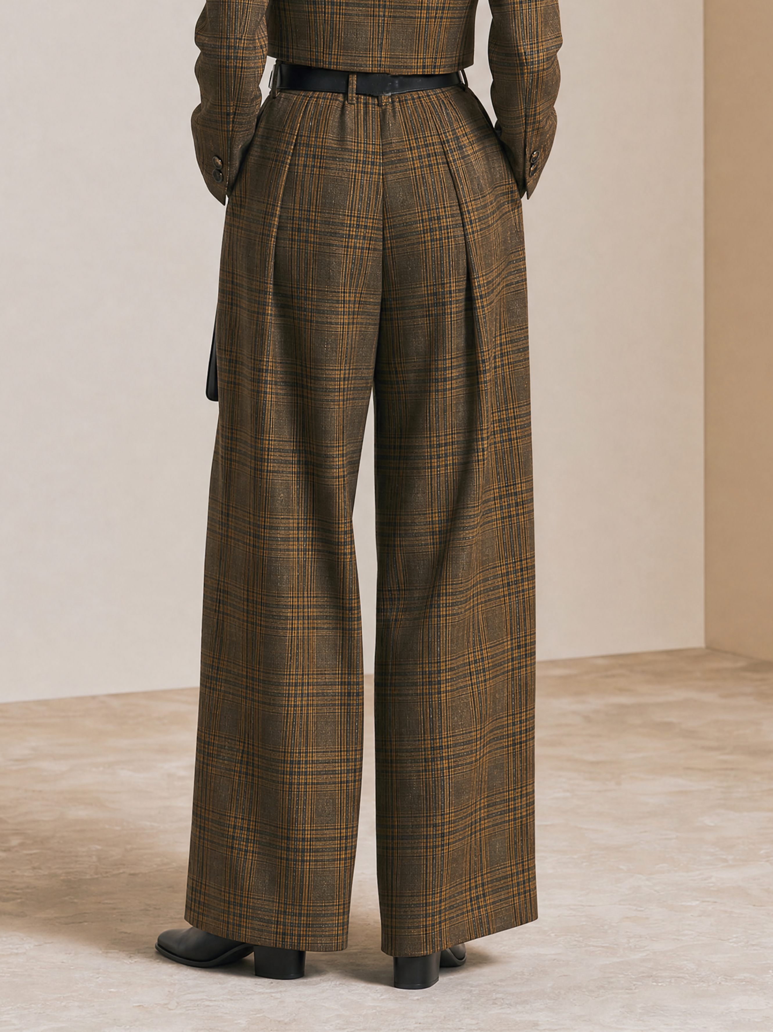 Elegant Olive Brown & Dark Coffee Plaid Wide-Leg Pants