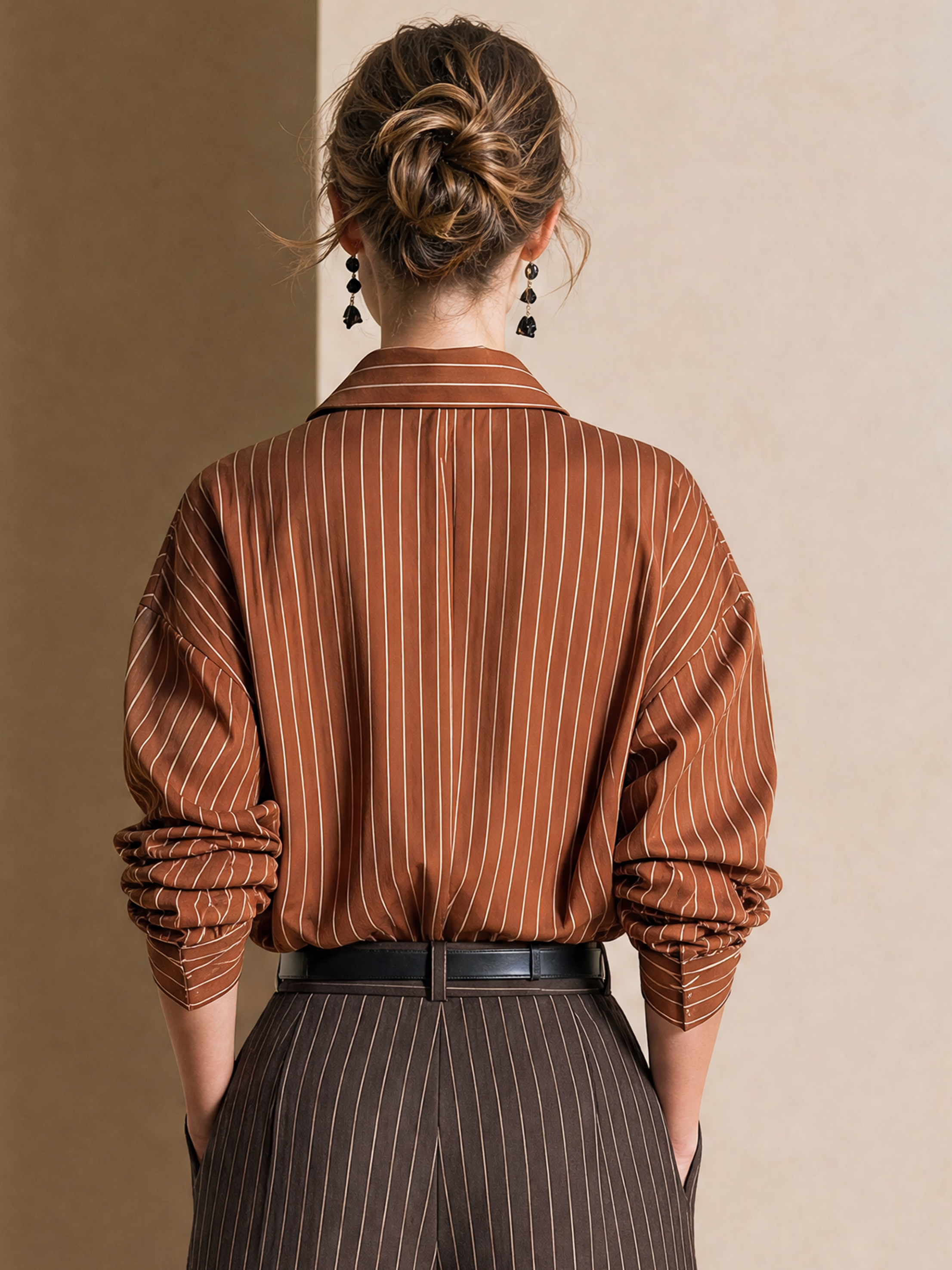 Elegant Warm Brown & Ivory Striped Shirt