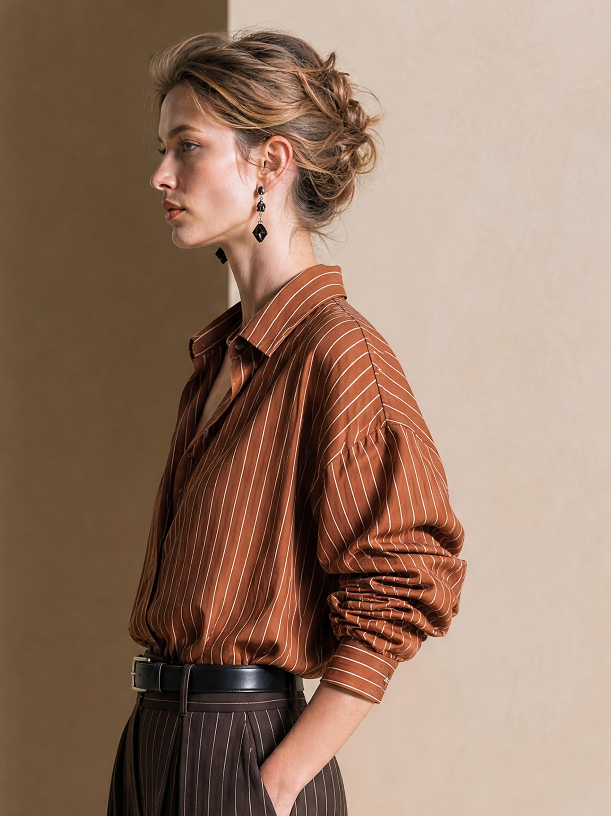 Elegant Warm Brown & Ivory Striped Shirt