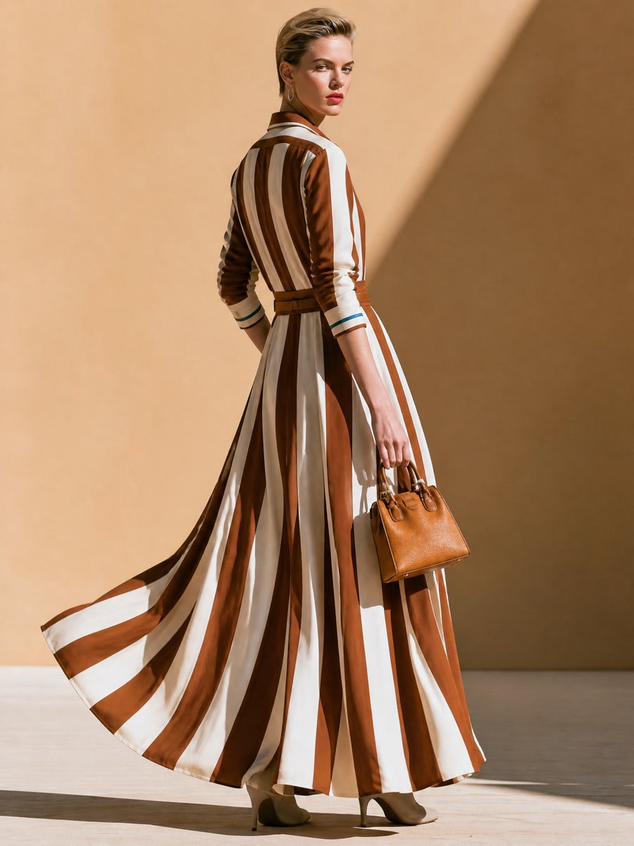 Brown‑White Vertical‑Stripe Shirt Top & Maxi Skirt Two‑Piece Set