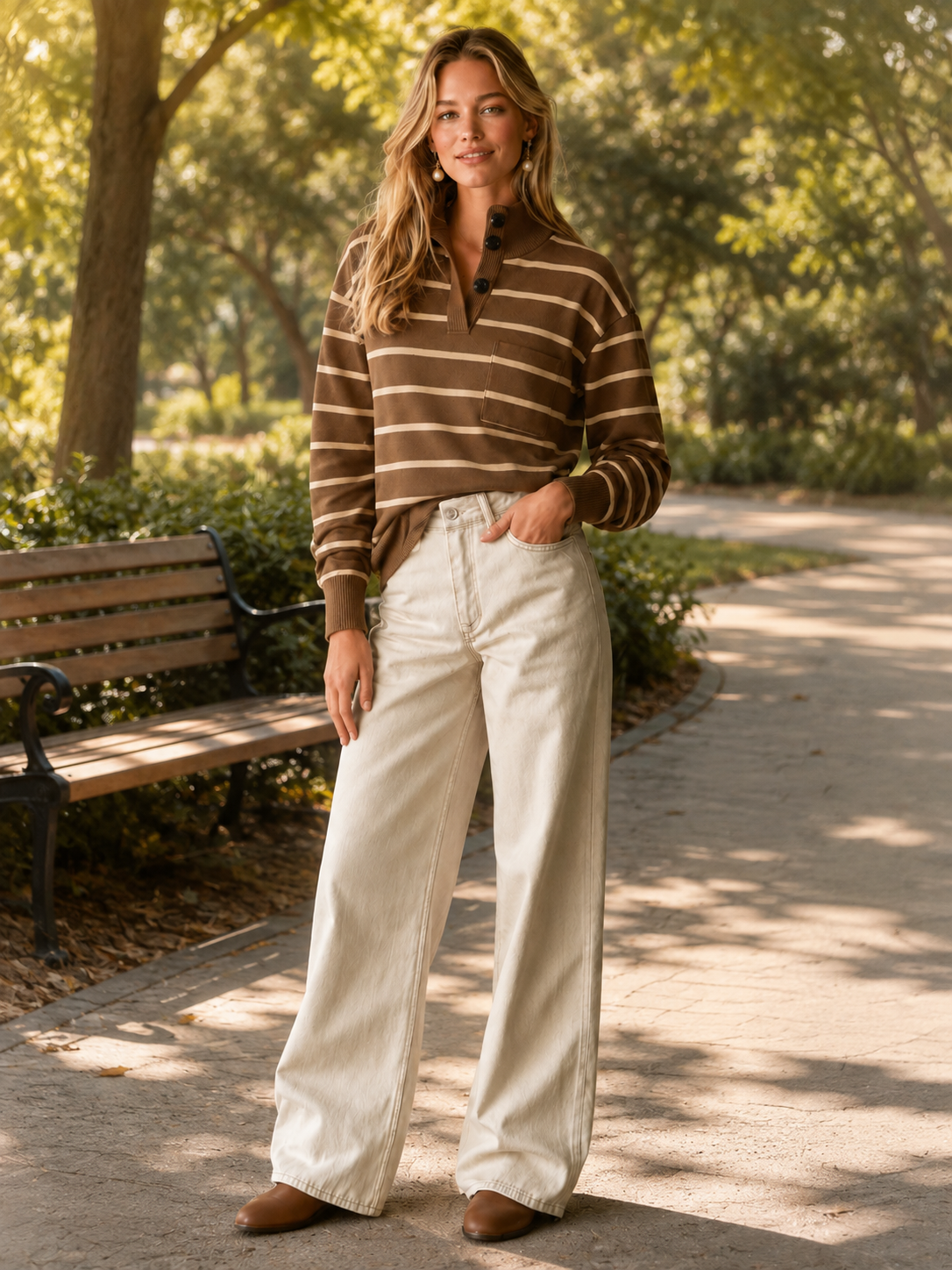Brown Striped Mock-neck Knit Pullover