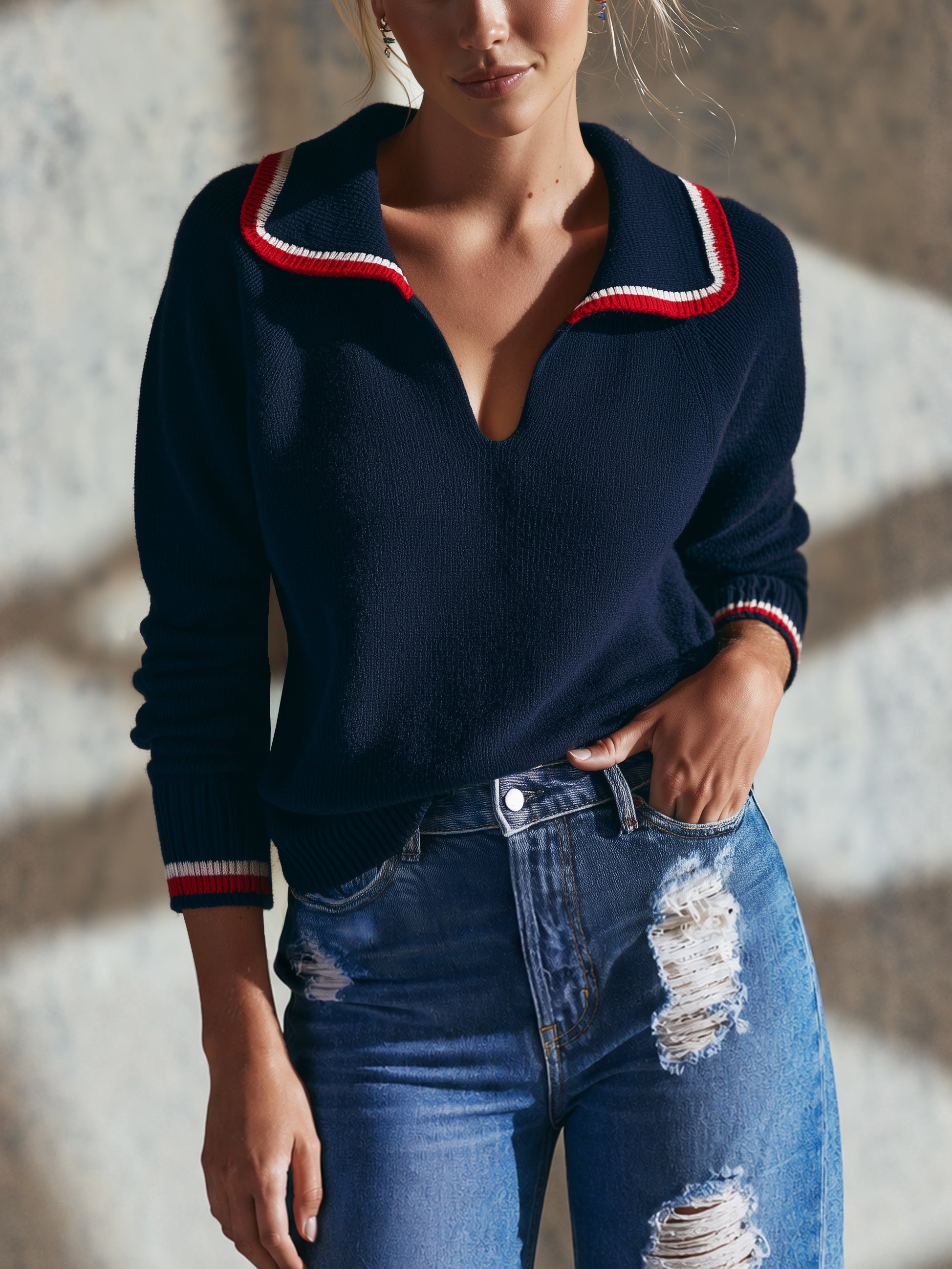 Nautical‑Inspired Contrast‑Trim Knit Sweater Pullover