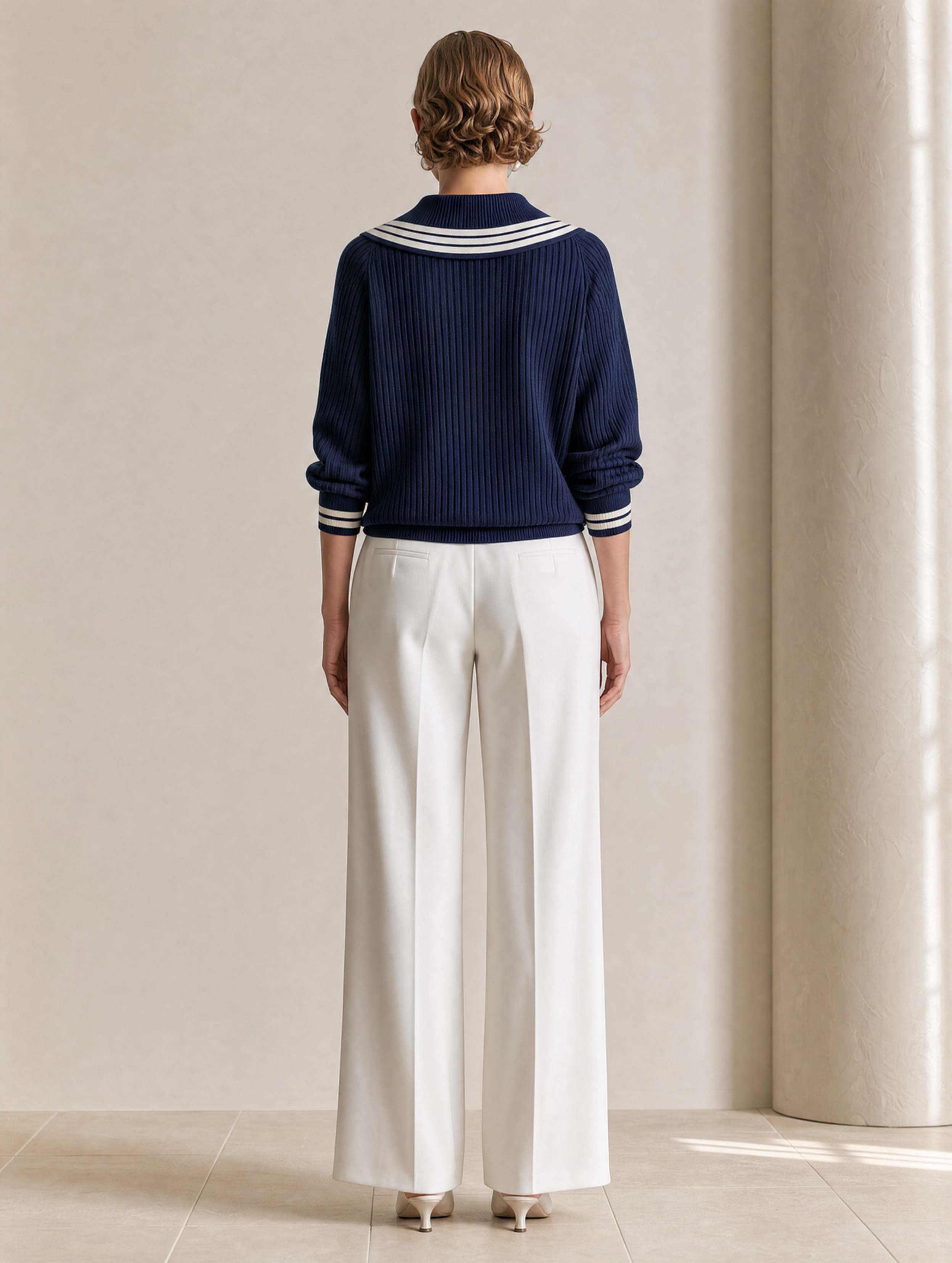 Navy Blue Striped Knit Cardigan With A Sailor Collar