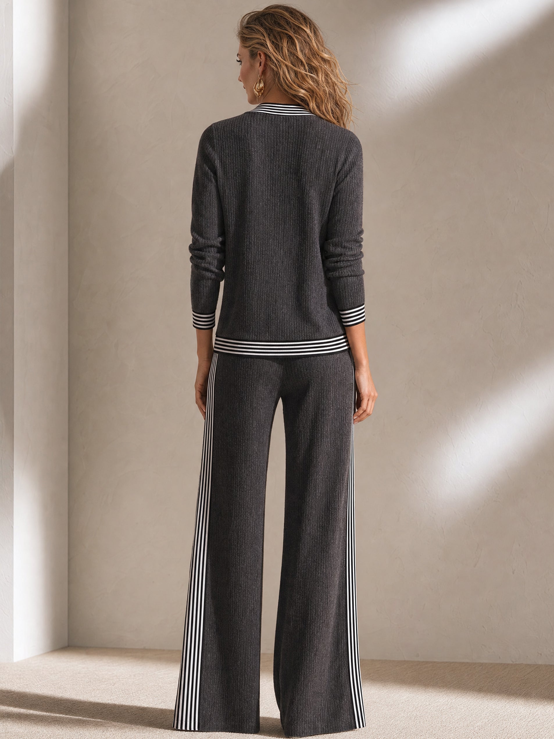 Contrast‑Trim Knit V‑Neck Cardigan & Wide‑Leg Trousers Set