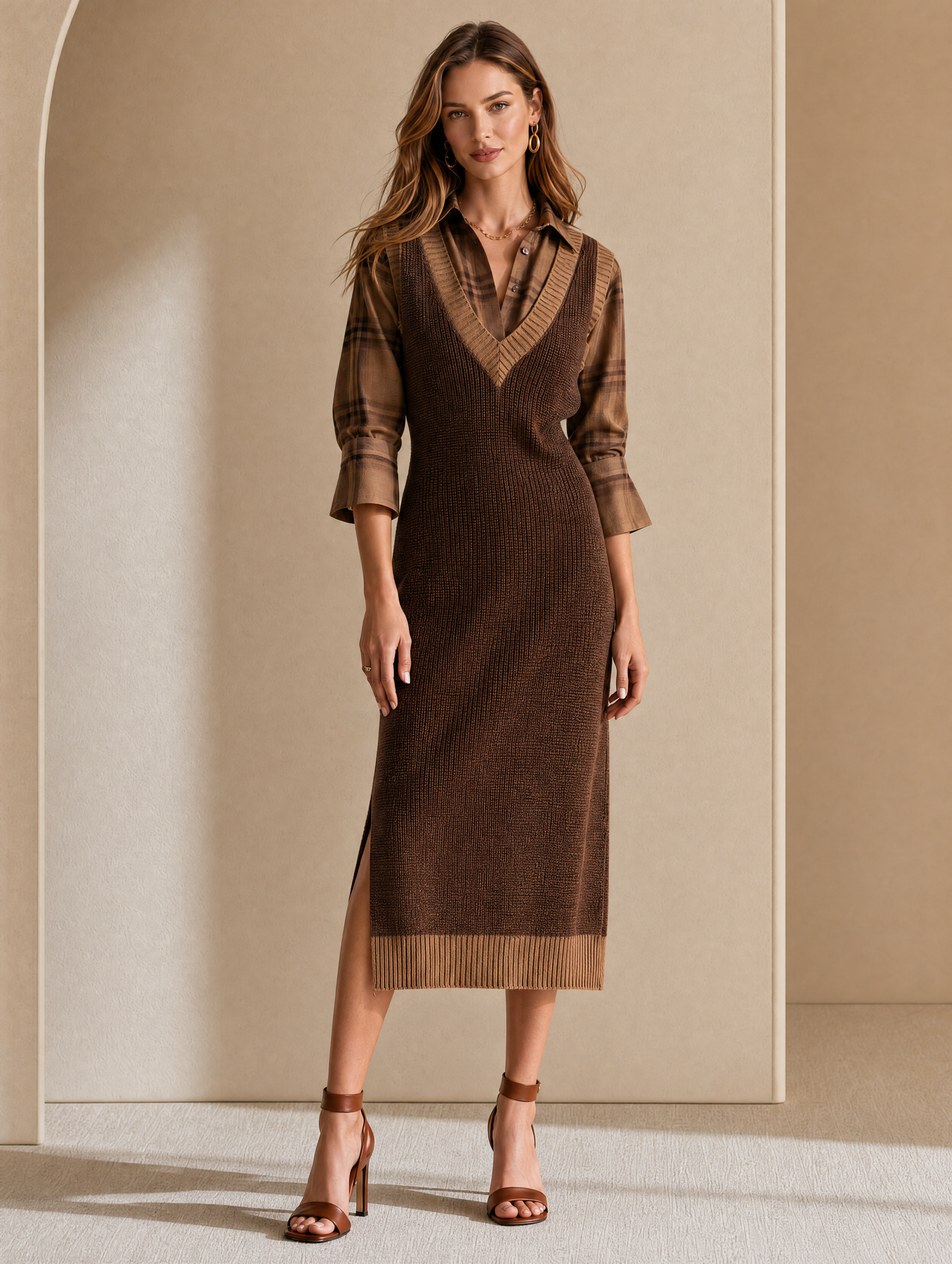Brown Plaid Shirt Paired With A Knitted Pinafore Dress