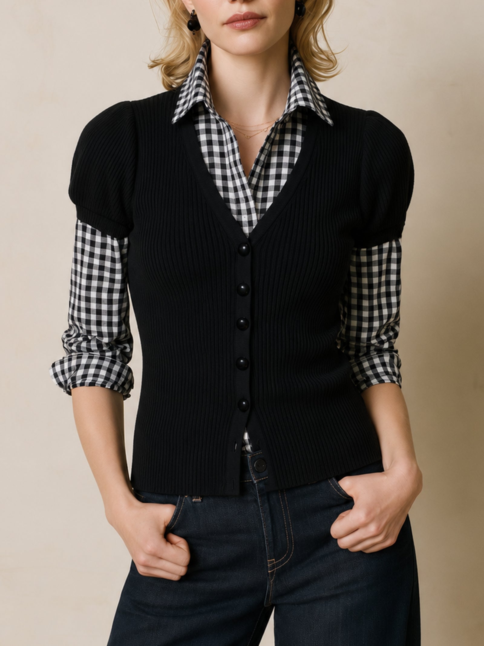 Black Knit Cardigan With A Plaid Shirt-style Layered Insert