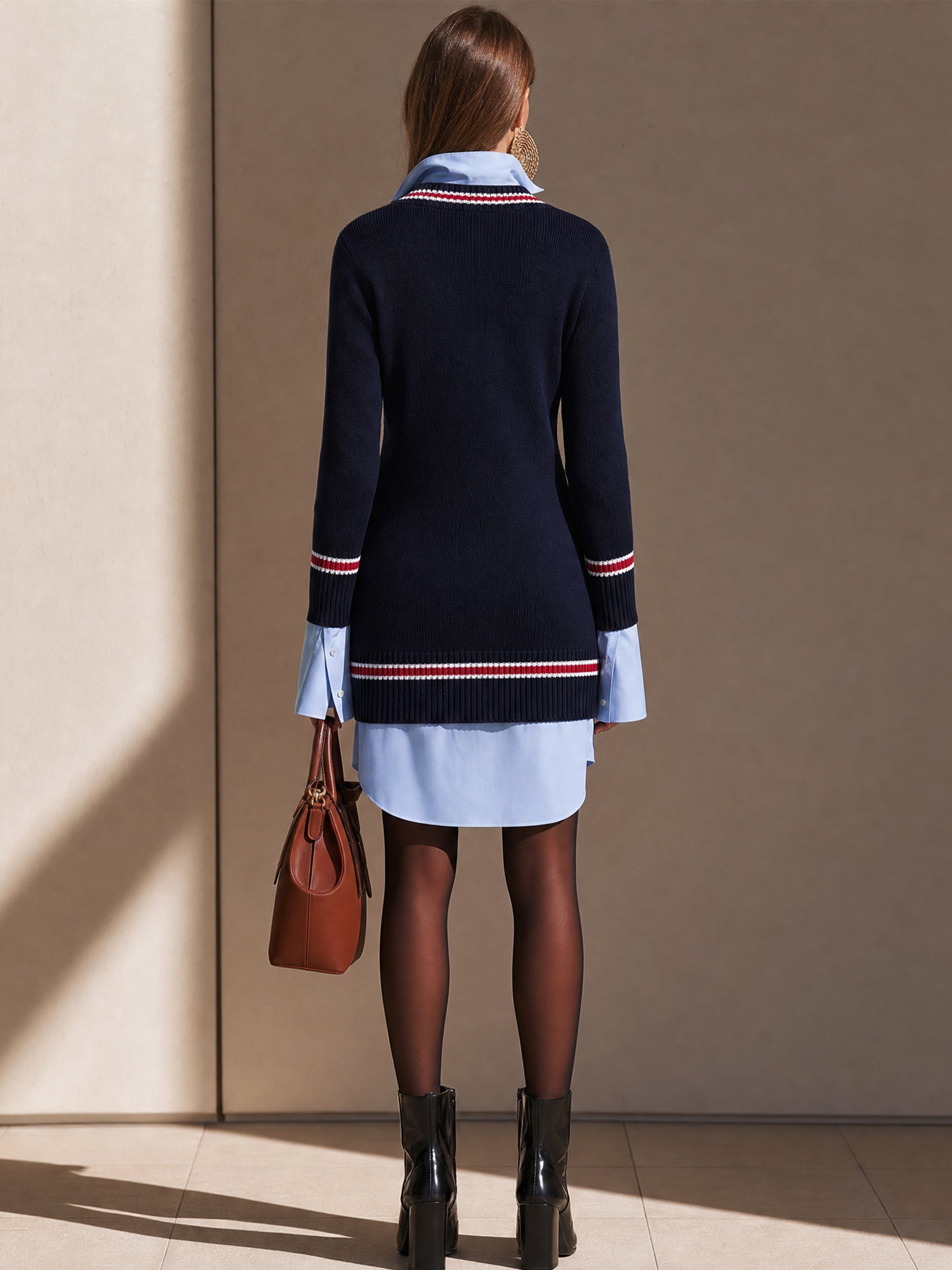 Faux‑Layer Varsity‑Inspired Knit Shirt Dress