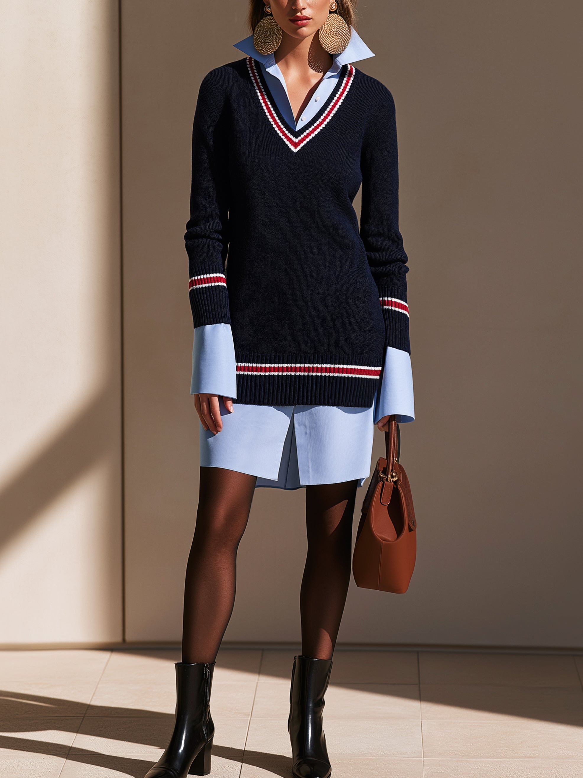 Faux‑Layer Varsity‑Inspired Knit Shirt Dress