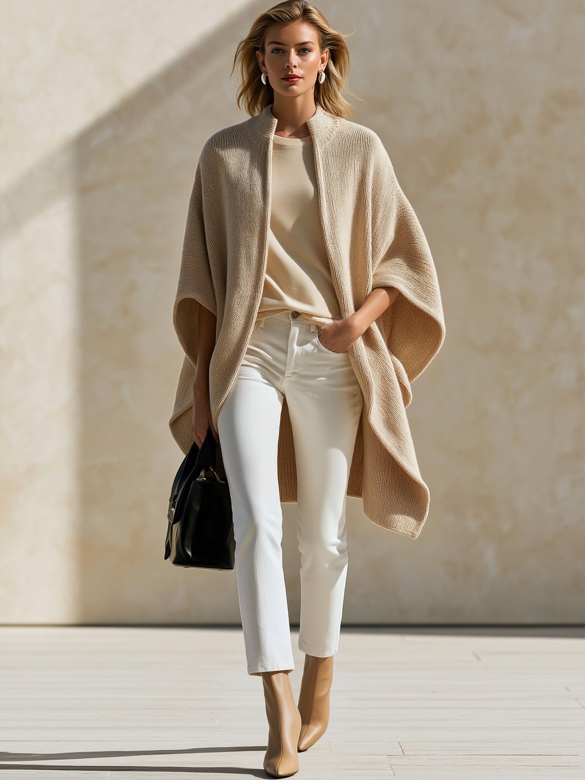 Relaxed Stand‑Collared Knit Poncho Cardigan Sweater