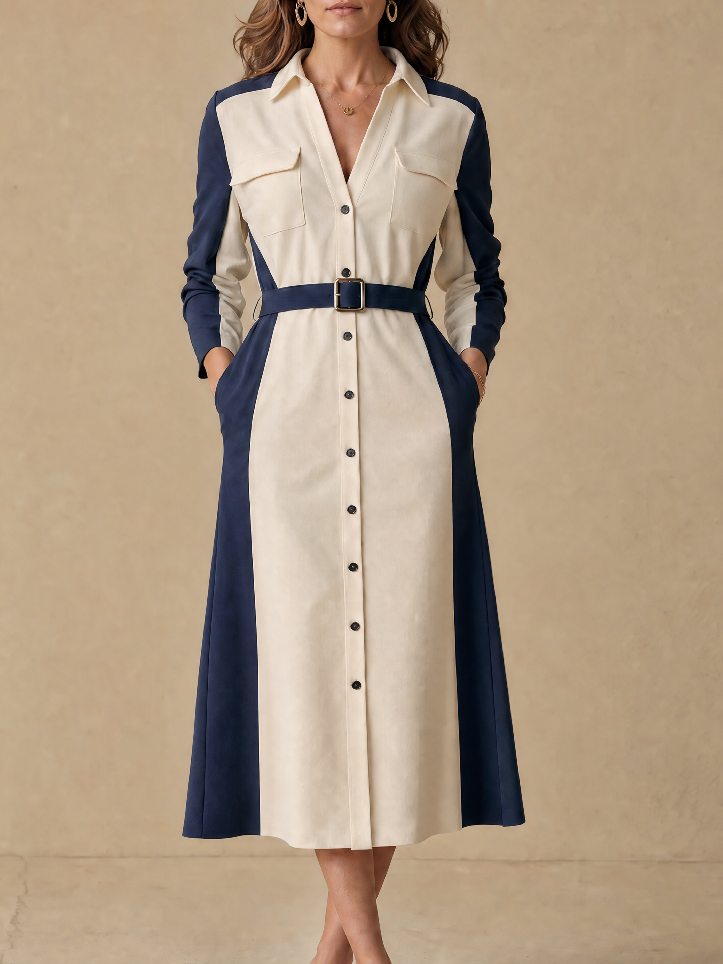 Elegant Navy & Ivory Contrast Cotton Shirt Dress