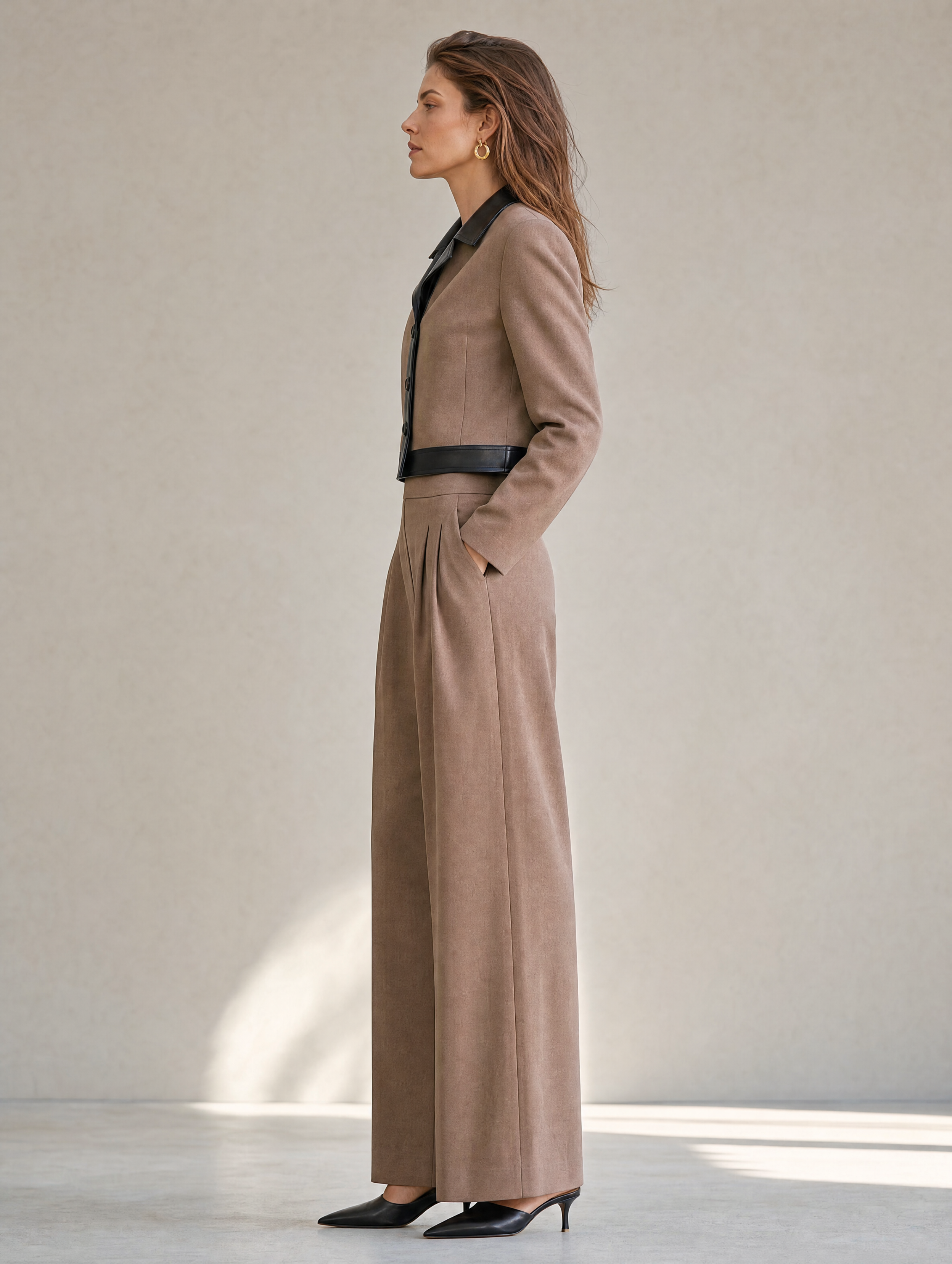 Elegant Taupe & Black Leather-Trimmed Suit Set
