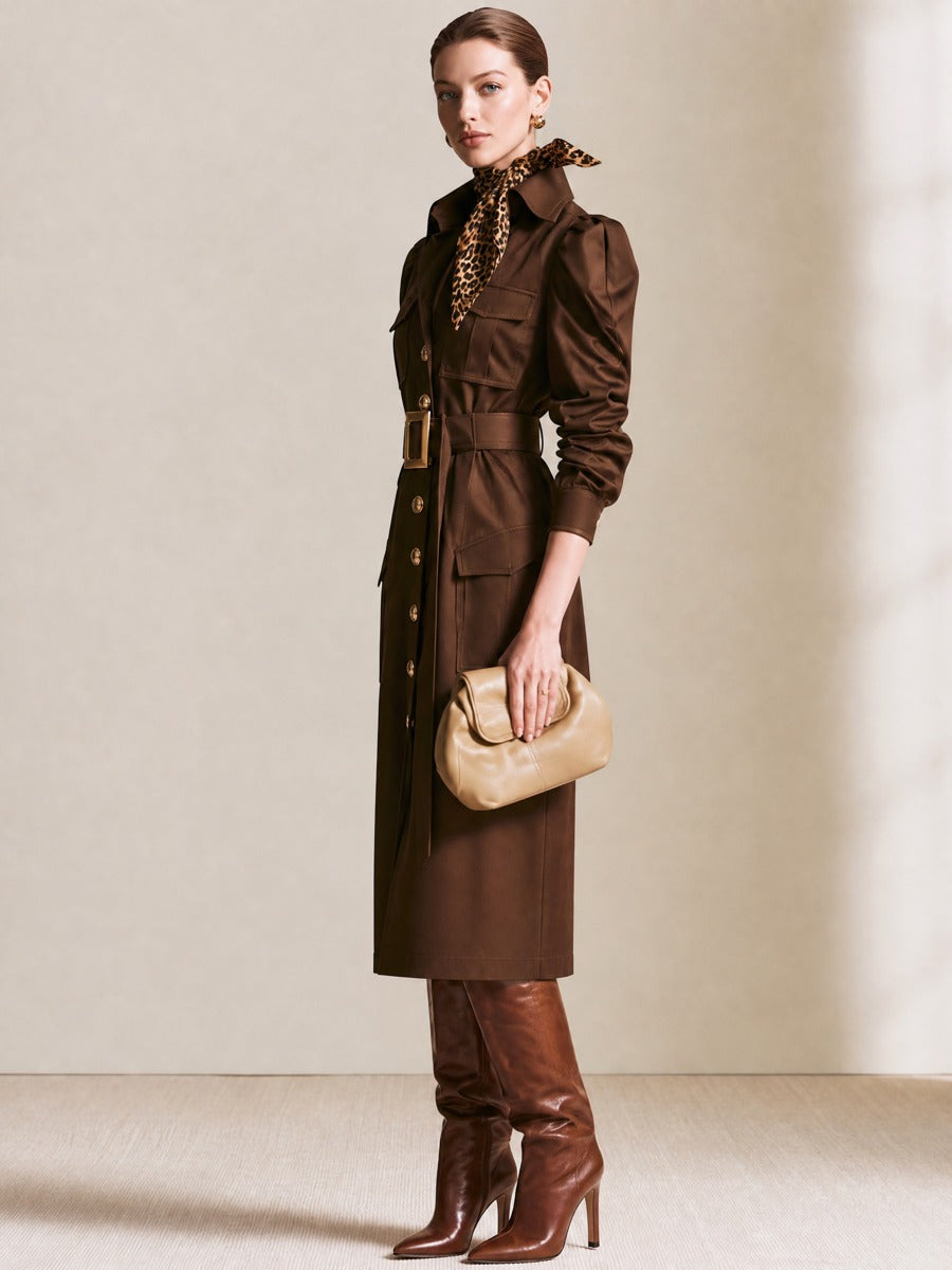 Brown Pocket Detail Gold Button Midi Dress