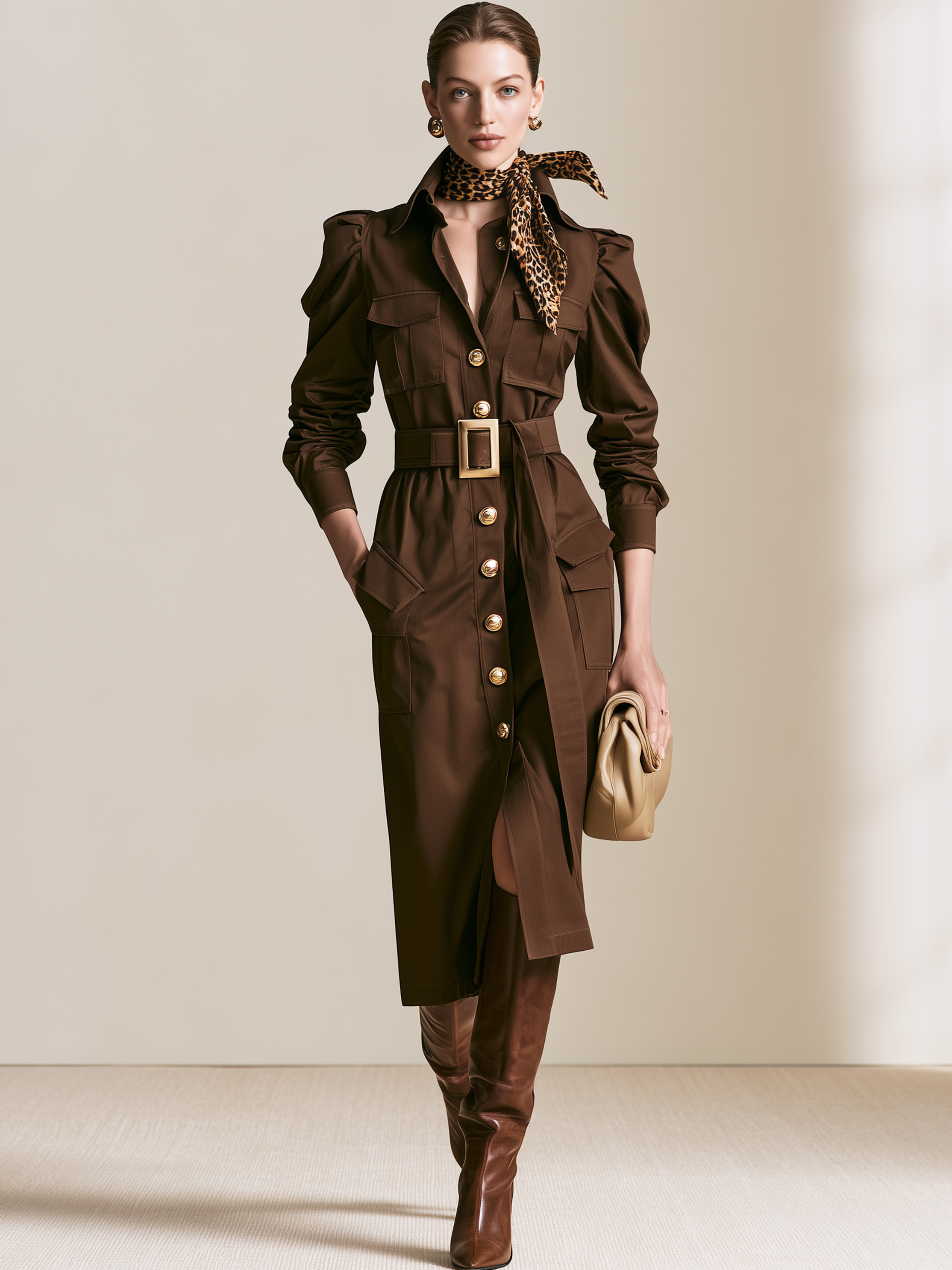Brown Pocket Detail Gold Button Midi Dress