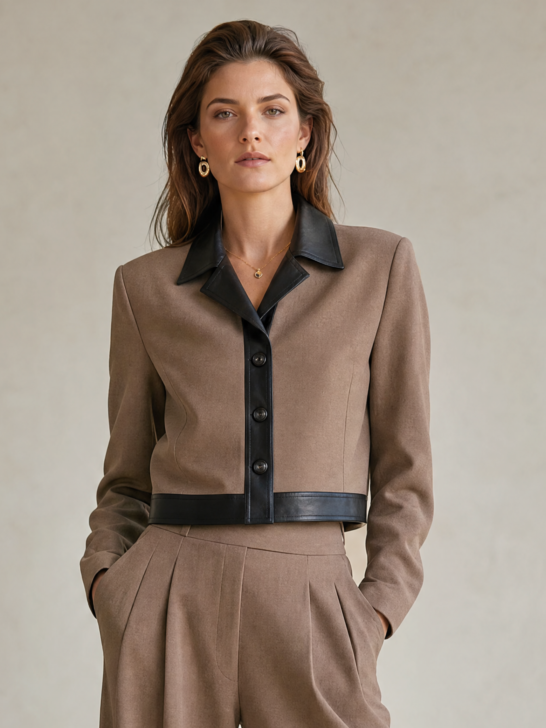 Elegant Taupe & Black Leather-Trimmed Cropped Jacket