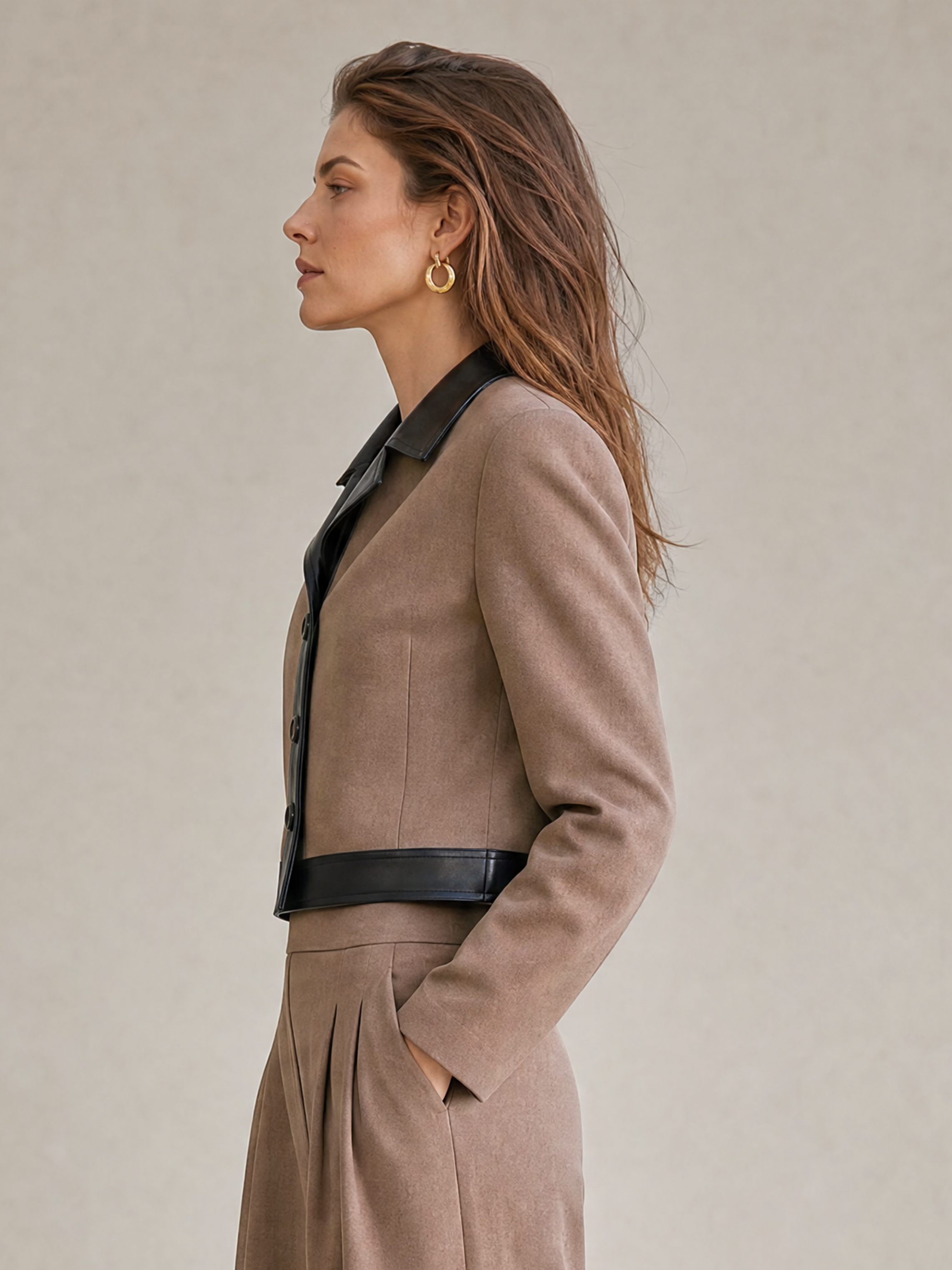 Elegant Taupe & Black Leather-Trimmed Cropped Jacket
