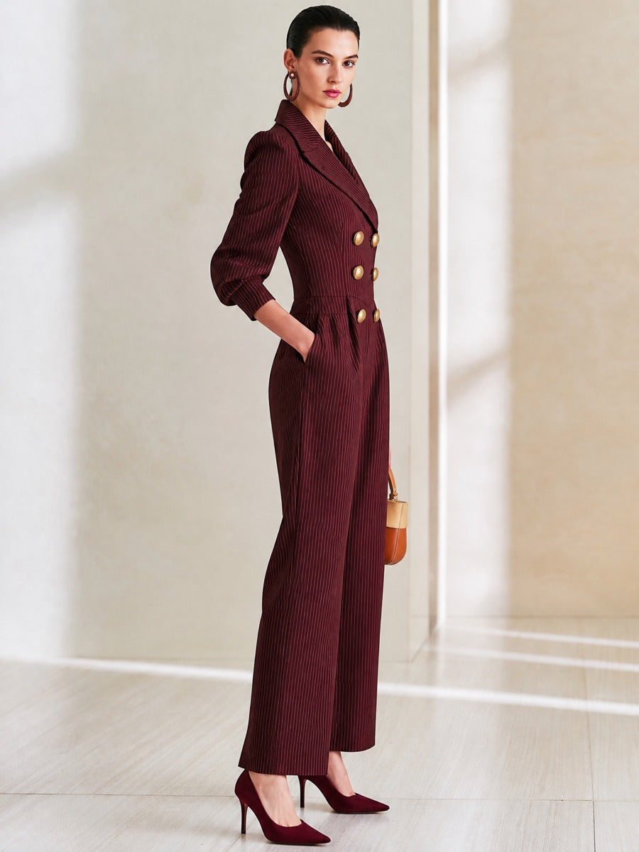 Burgundy Pinstripe Lapel Double‑Breasted Jumpsuit