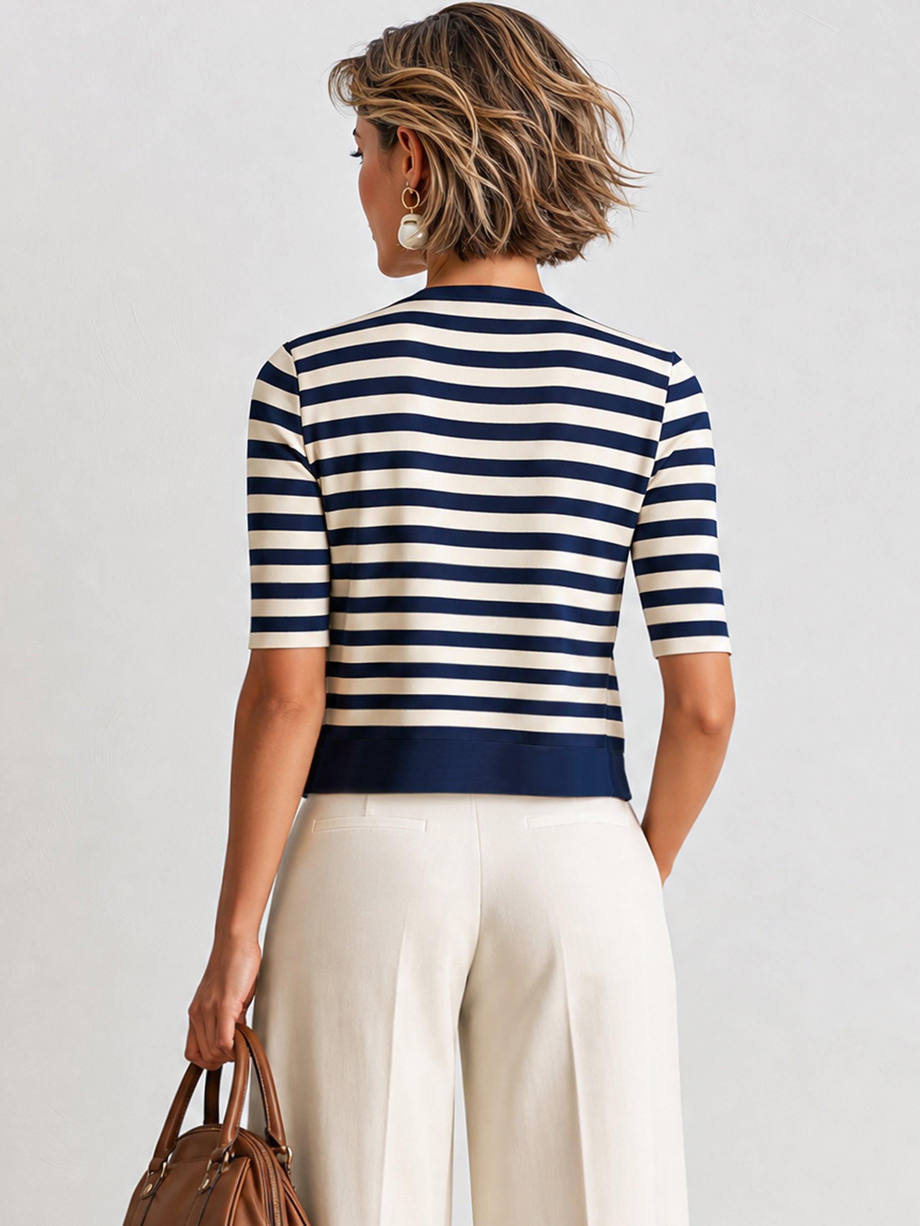 Elegant Knit Cardigan With Classic Breton Stripe & Elbow-Length Sleeves