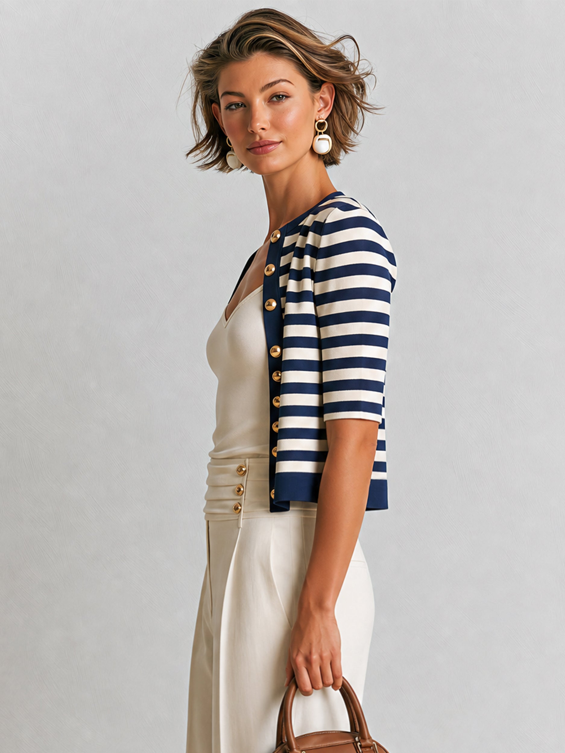 Elegant Knit Cardigan With Classic Breton Stripe & Elbow-Length Sleeves