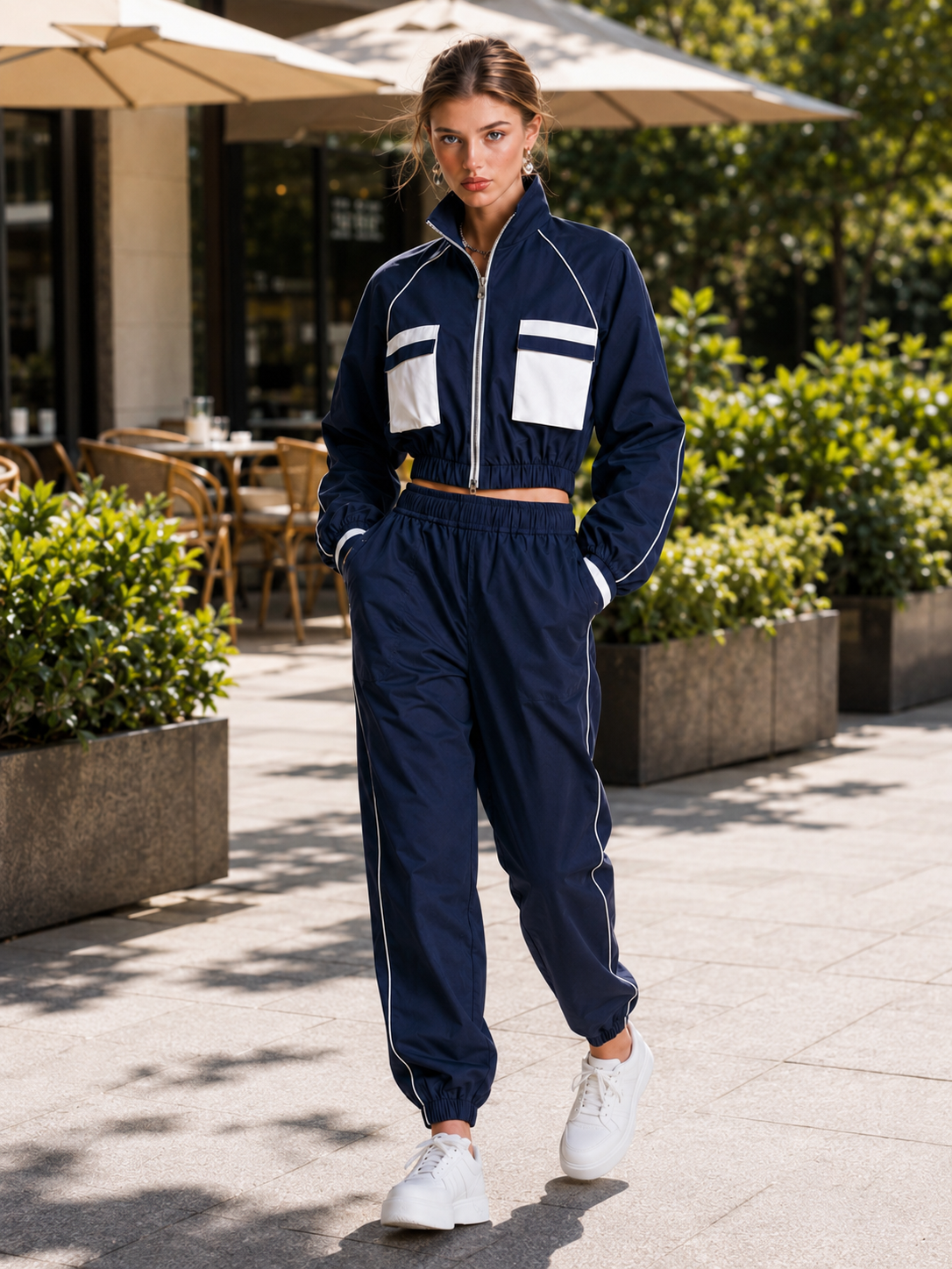 Blue And White Color-block Tracksuit With Large Pockets And A Stand-up Collar