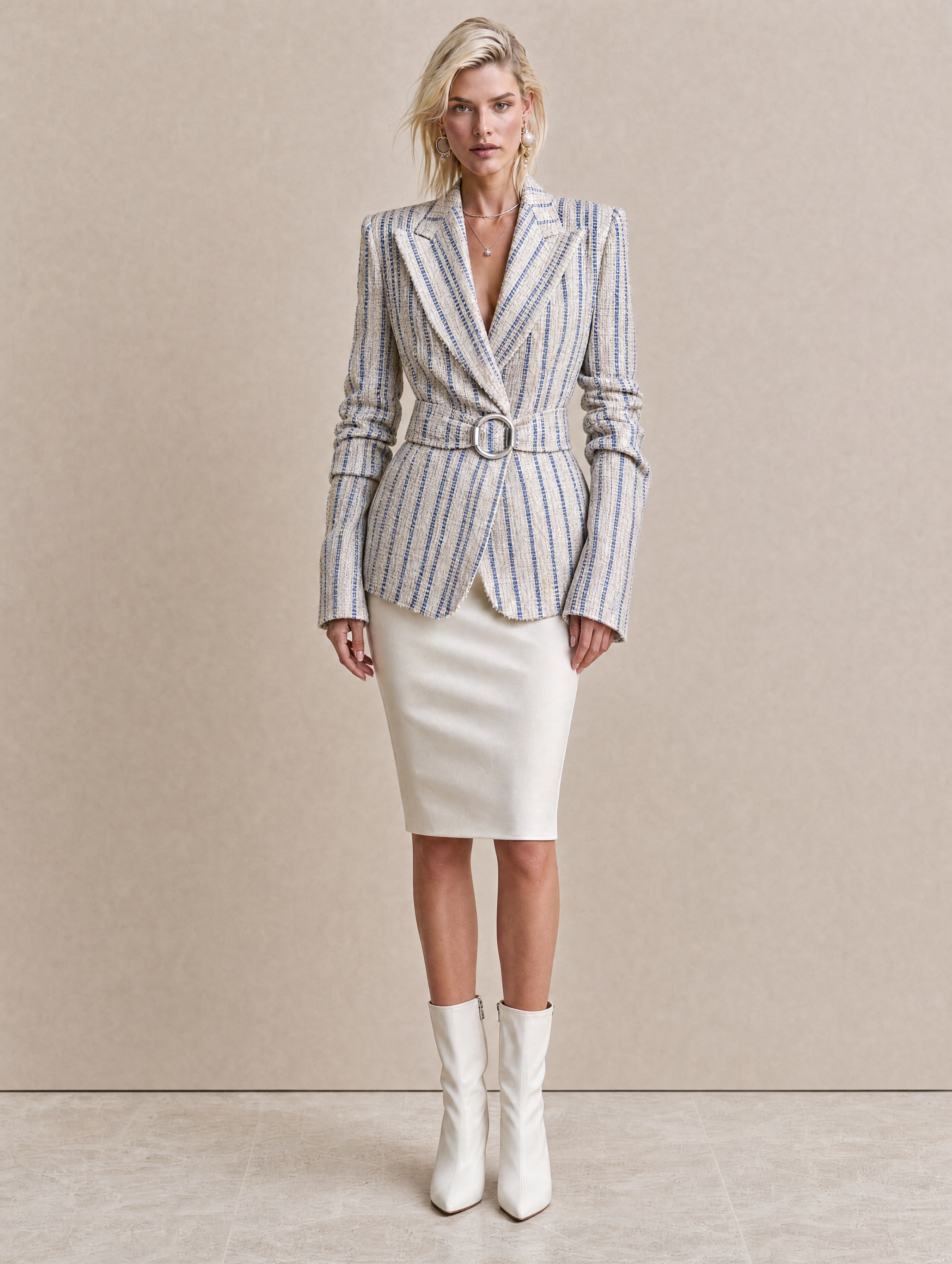 Elegant Grey Blazer With Blue Stripes And A Waist-defining Cut