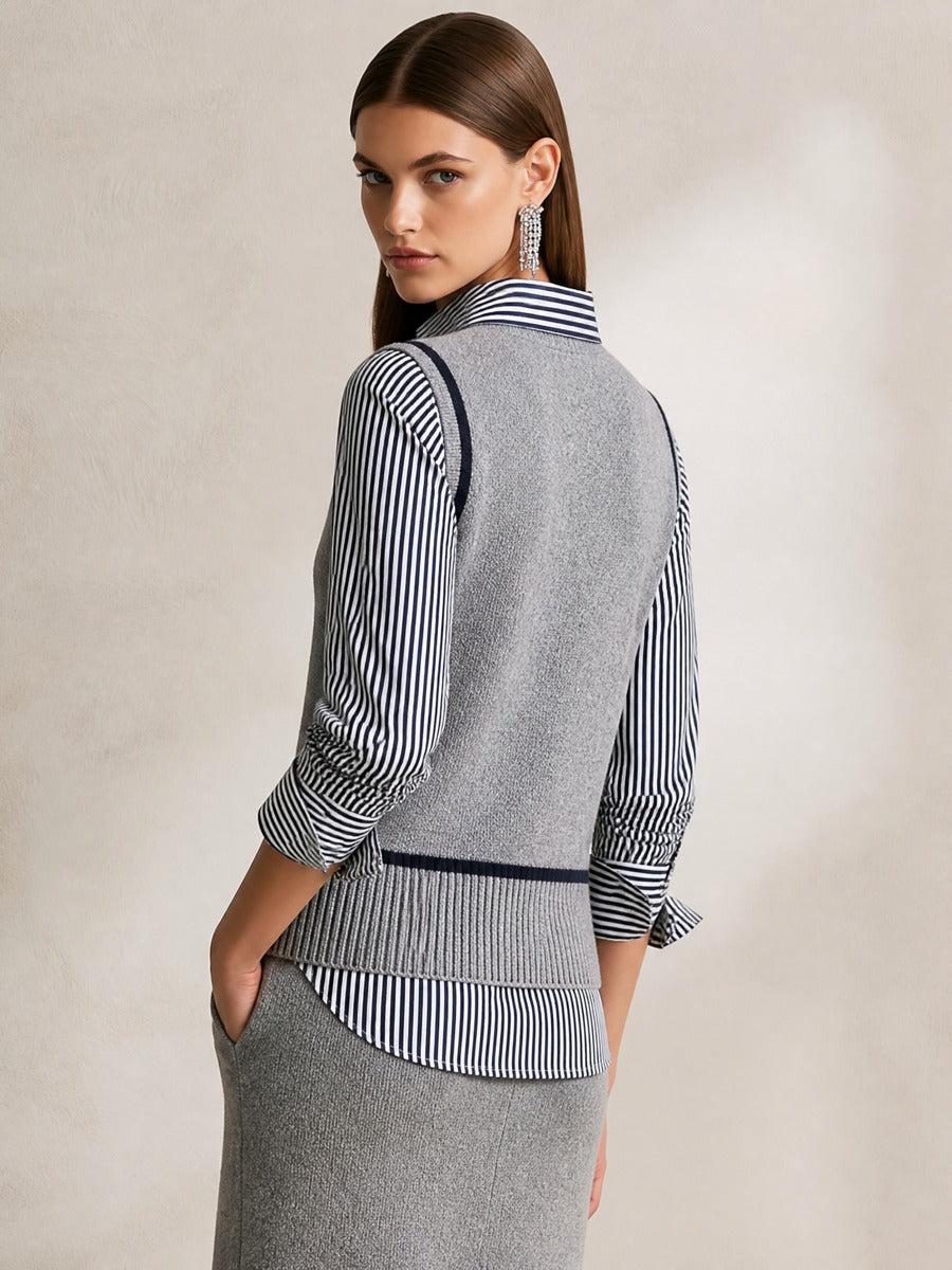 V‑Neck Contrast Trim Shirt‑Patchwork Faux Two‑Piece Sweater