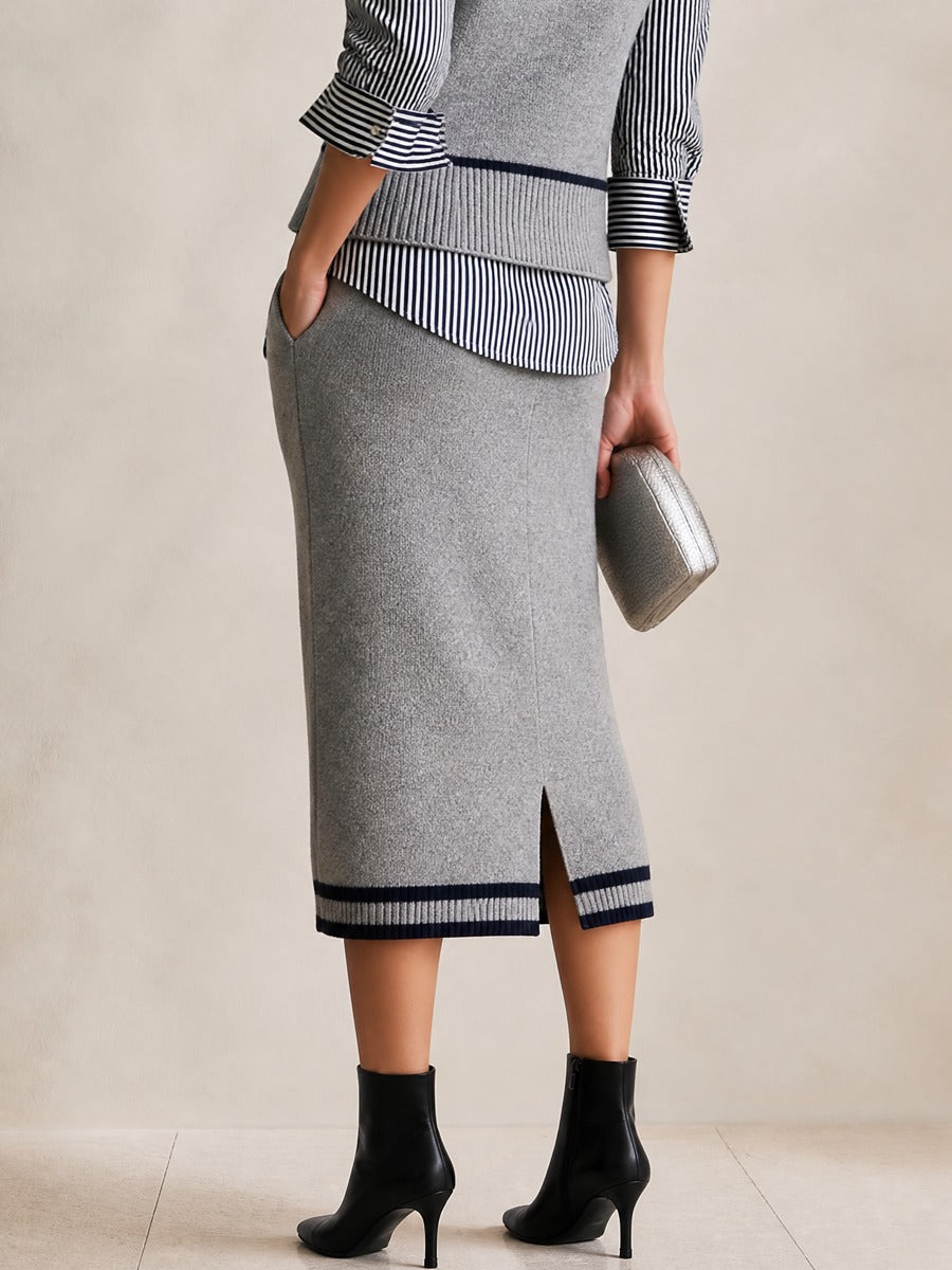 Navy Contrast Trim Grey Straight Knit Midi Skirt