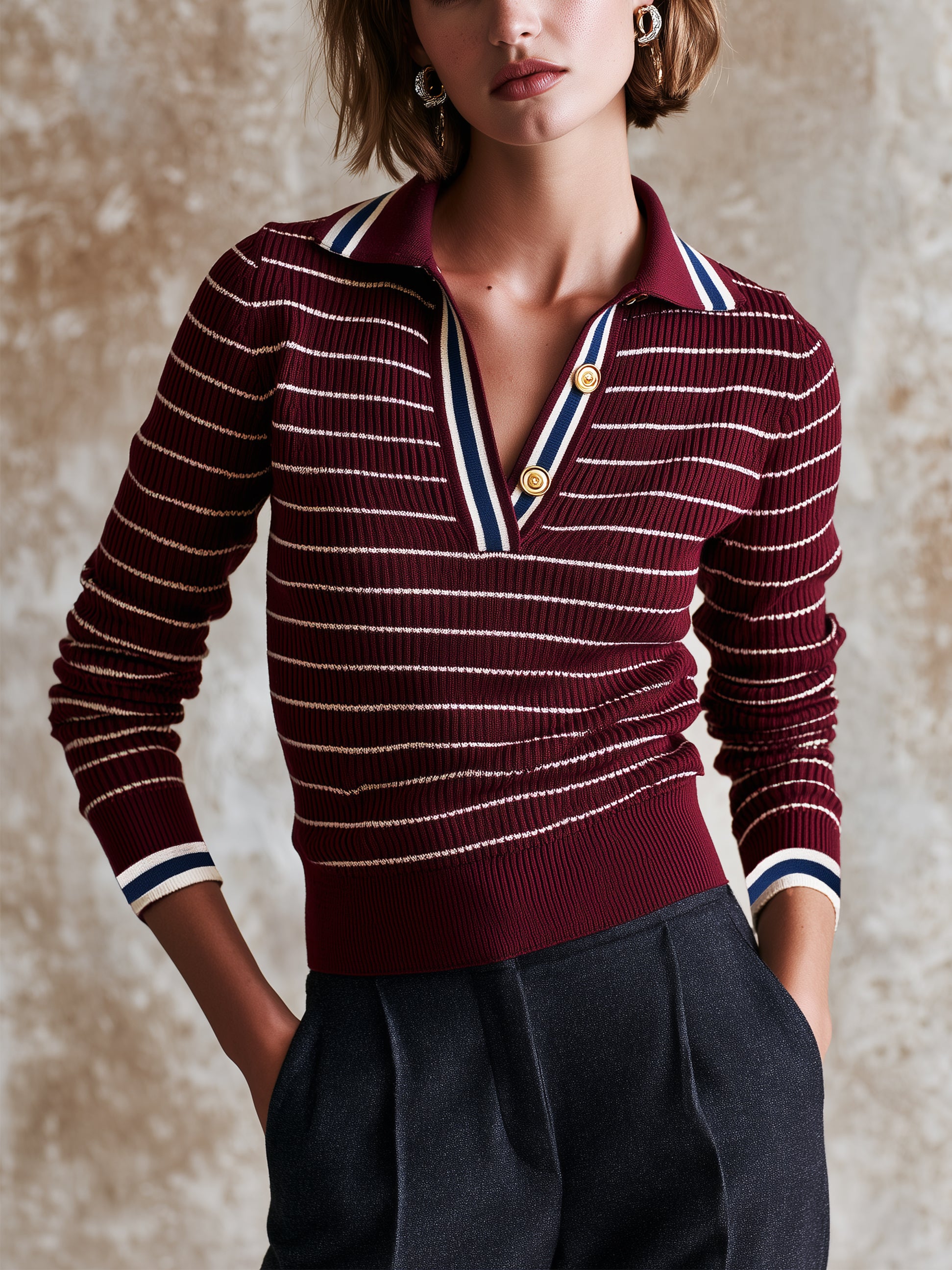 Burgundy Contrast‑Trim Striped Ribbed Polo Knit Sweater