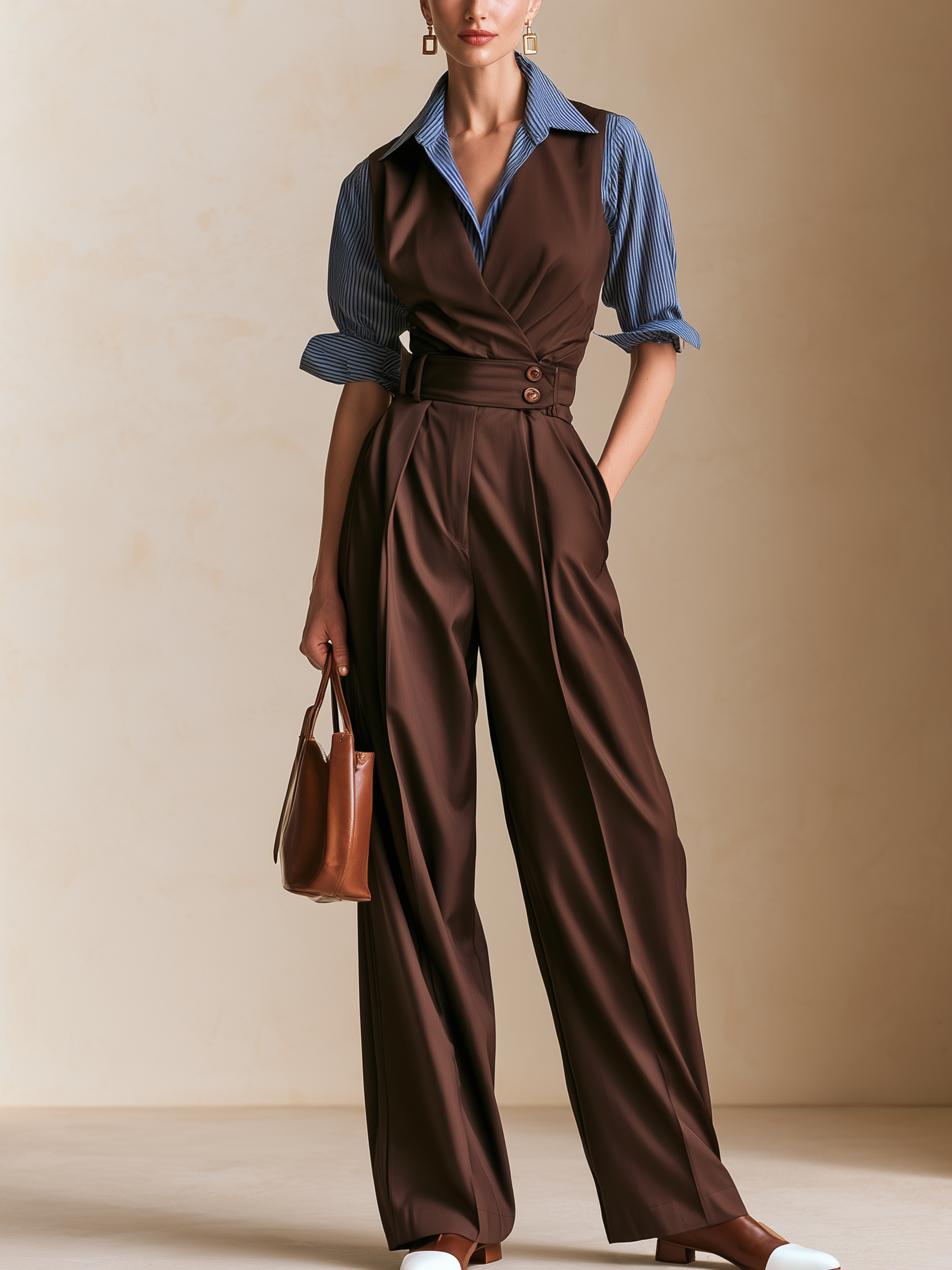V‑Neck Shirt‑Patch Faux Two‑Piece Waisted Jumpsuit