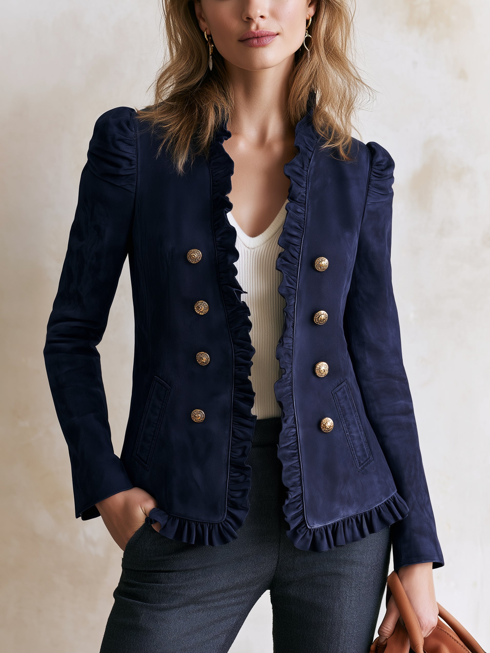Ruffle‑Trim Open‑Front Blazer Jacket