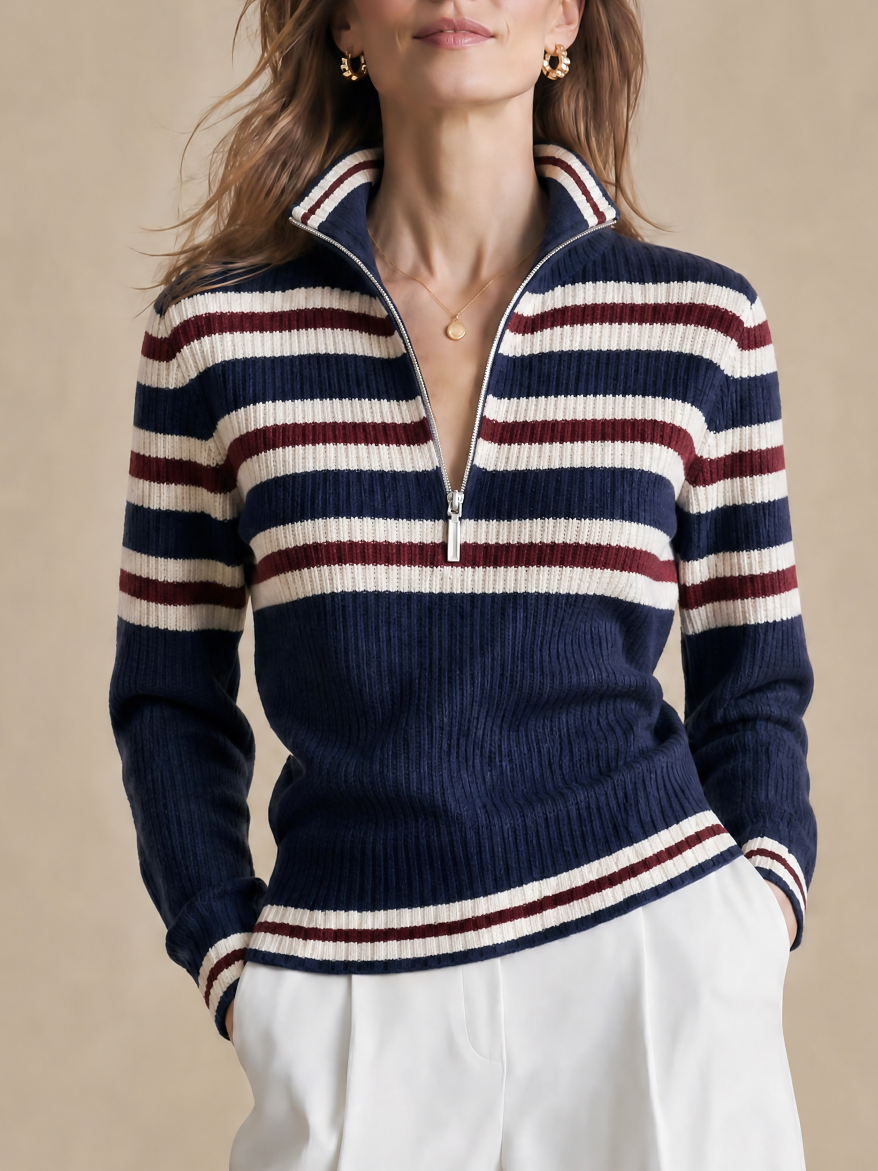 Elegant Navy Ivory & Burgundy Striped Zip-Neck Knit Top