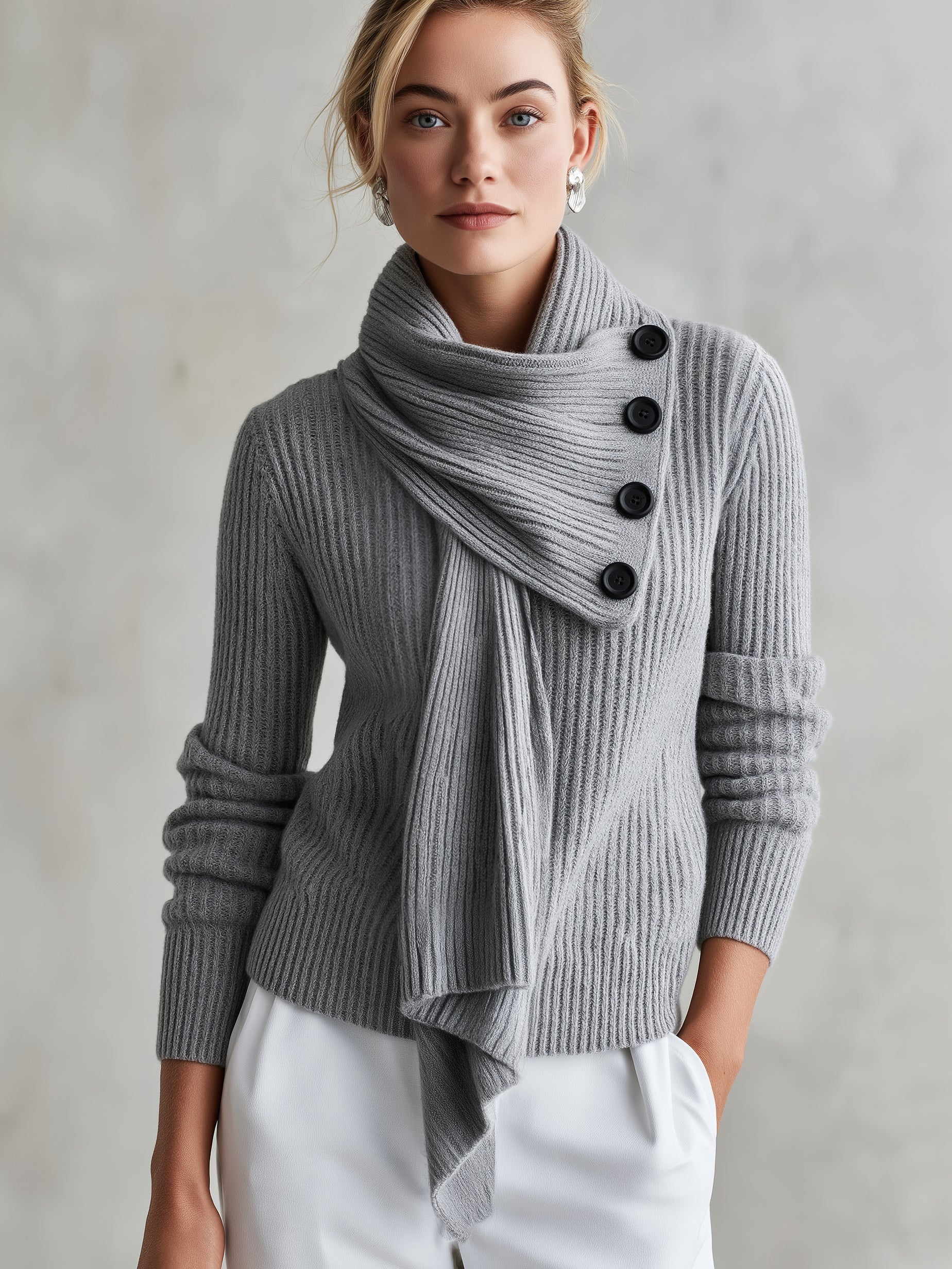 Asymmetric Draped Scarf Collar Sweater