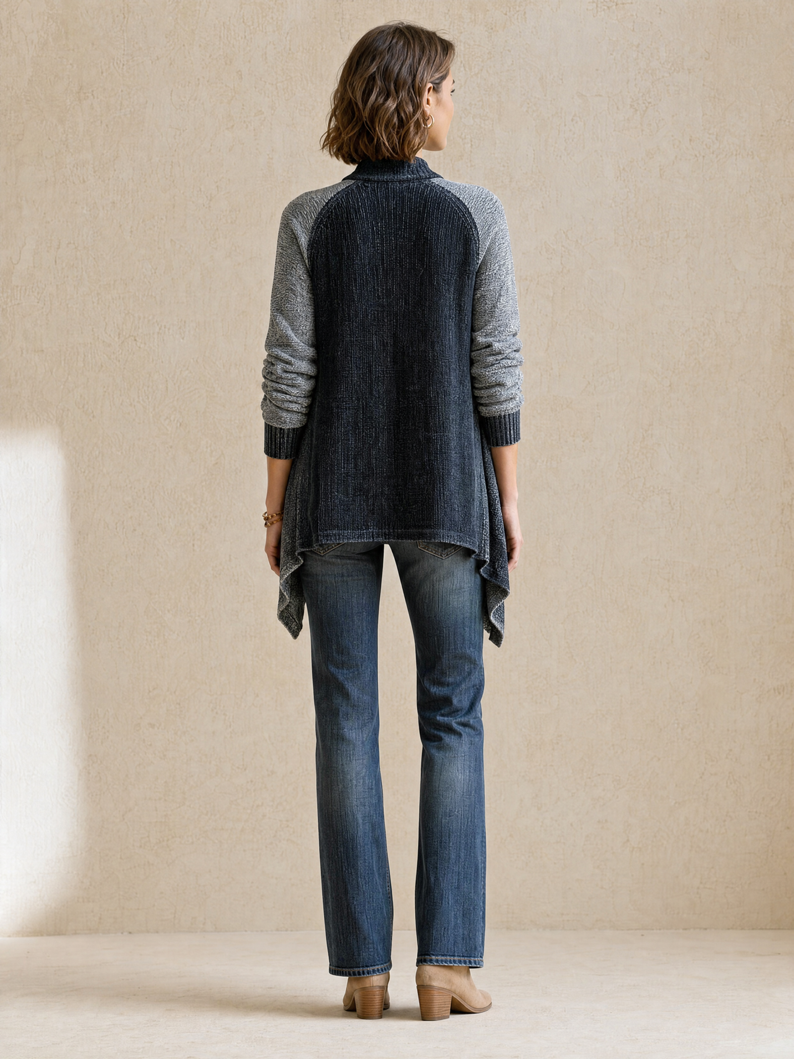 Grey Colorblock Open-Front Draped Knit Cardigan