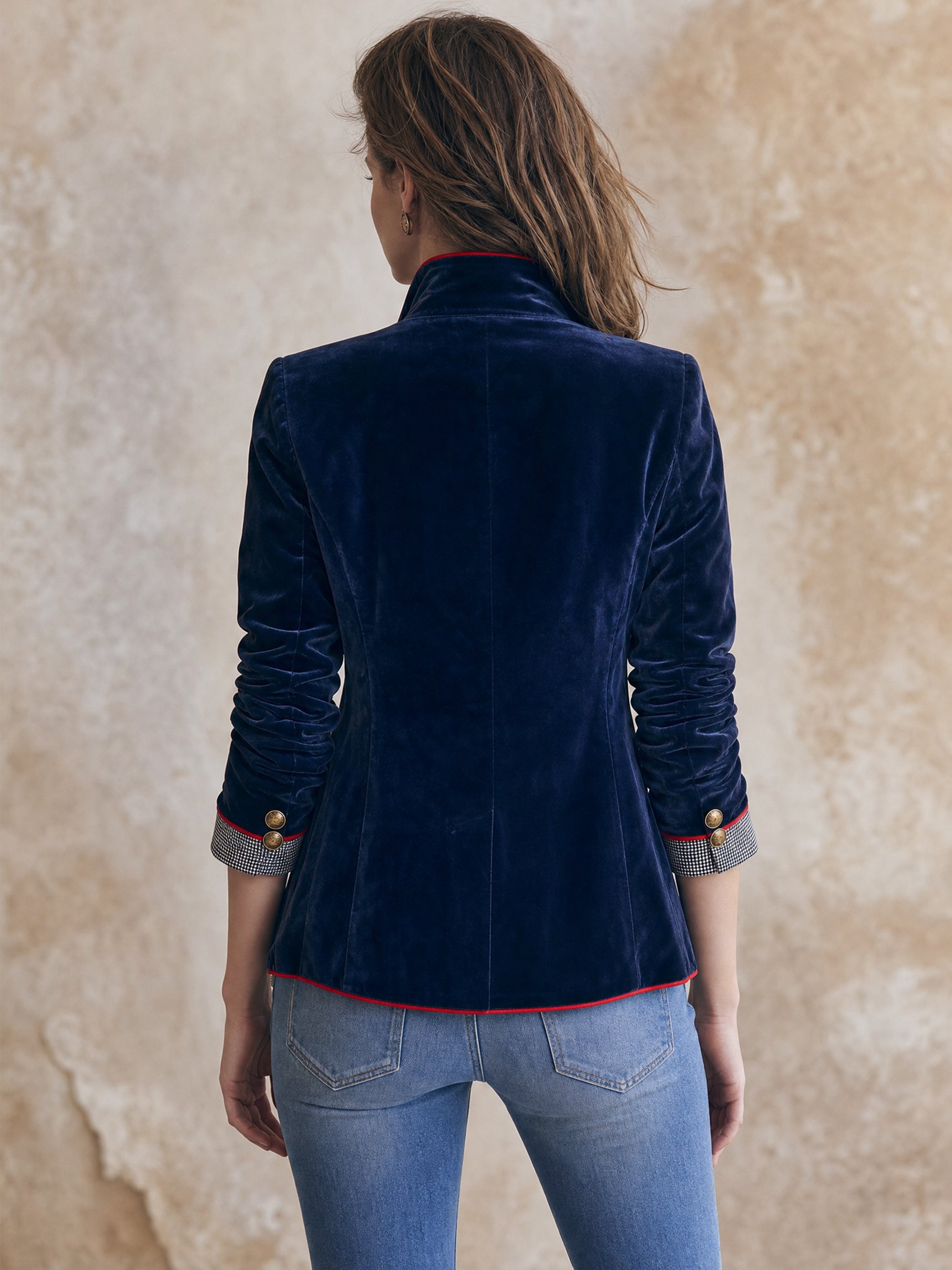 Navy Velvet Stand‑Collar Jacket