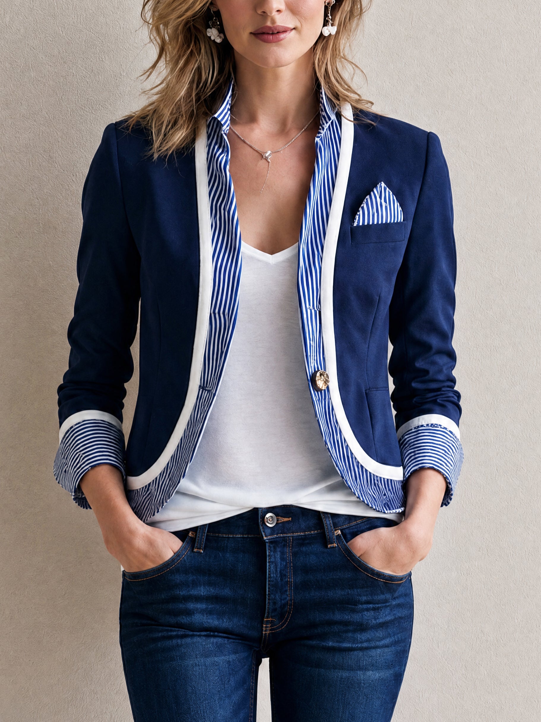 Navy Blue Striped-trim Jacket