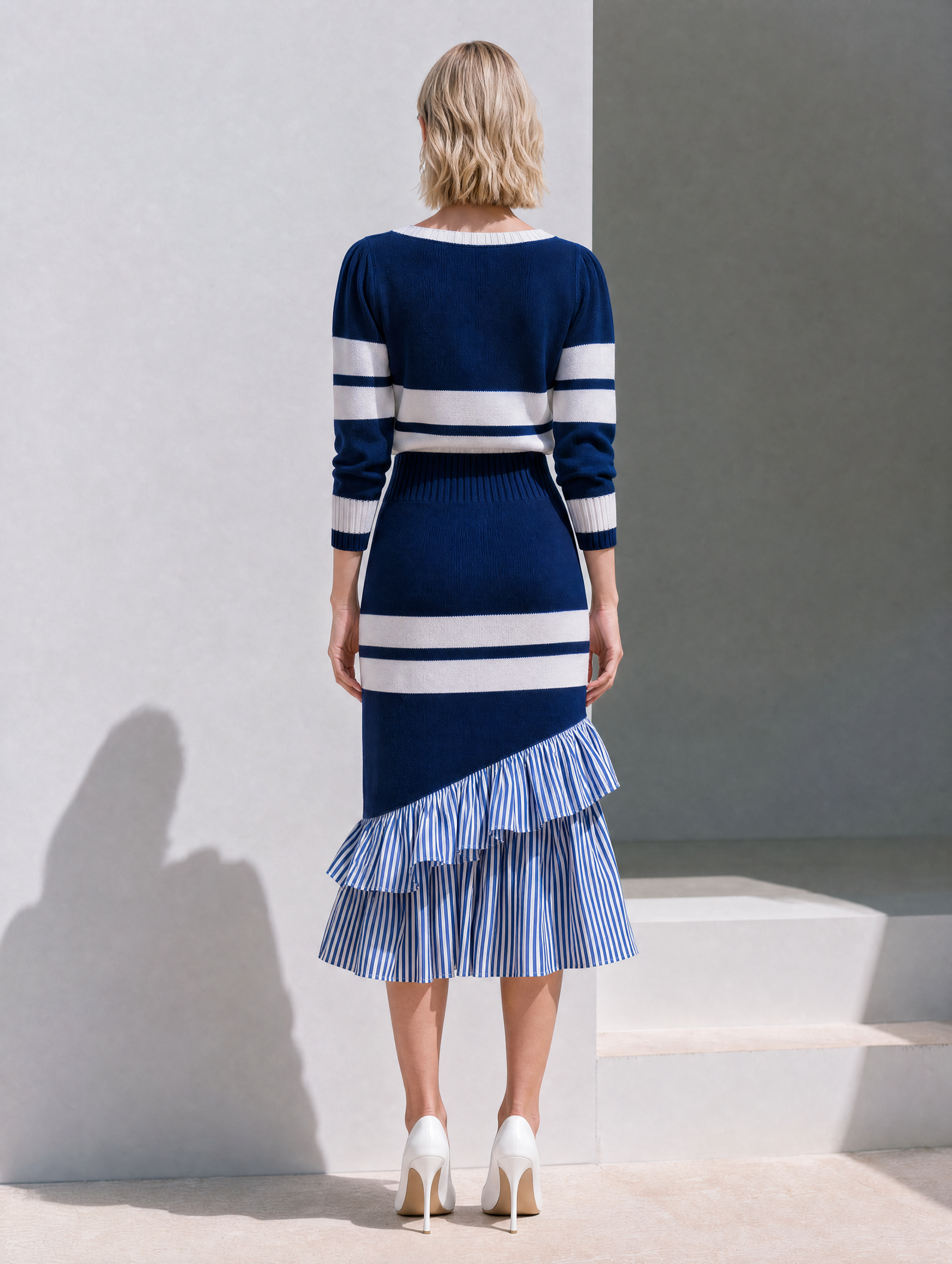 Navy Striped V-Neck Knit Midi Dress With Ruffled Hem