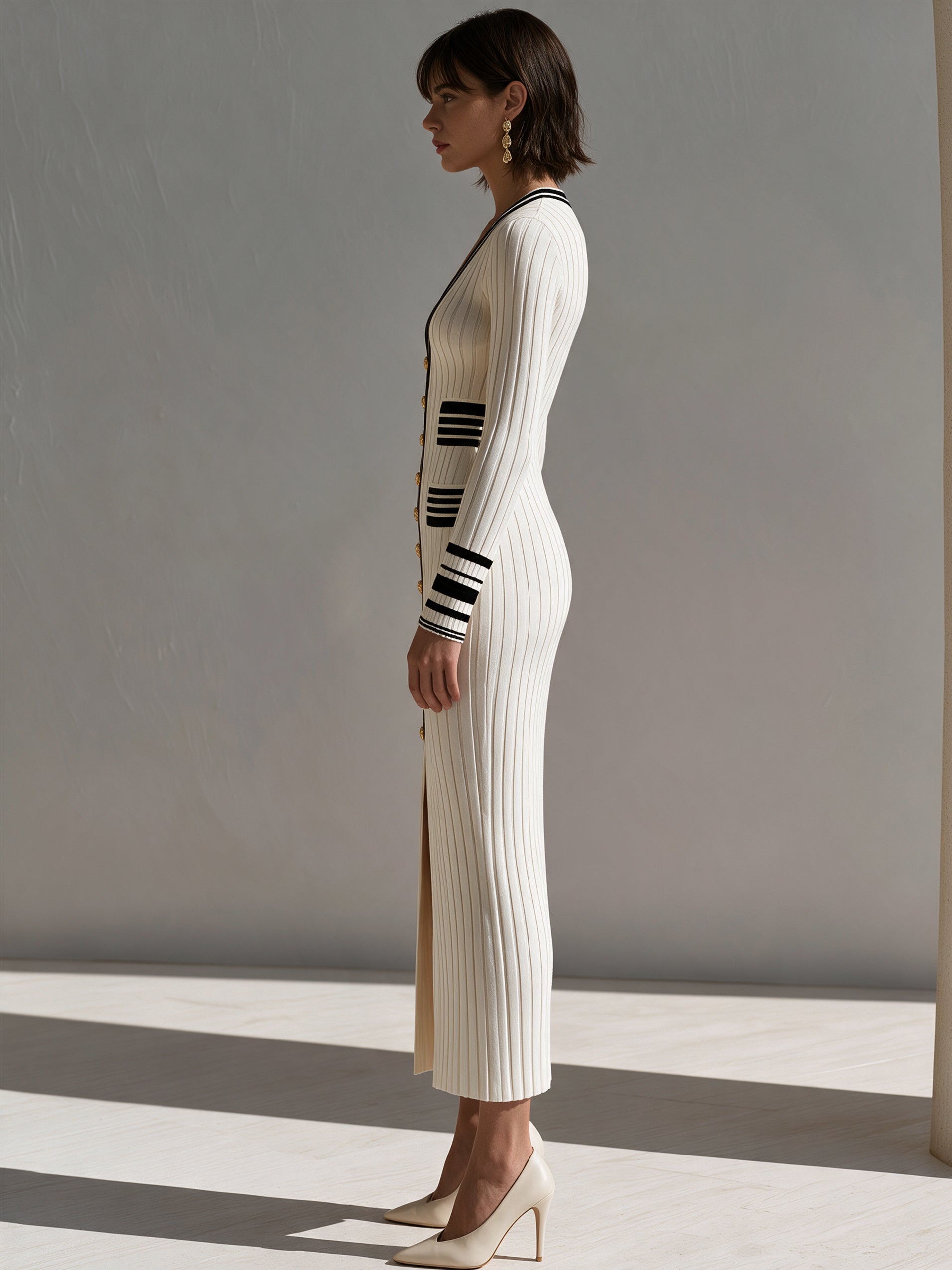 Ivory Contrast‑Stripe Trim Office & Resort Midi Dress
