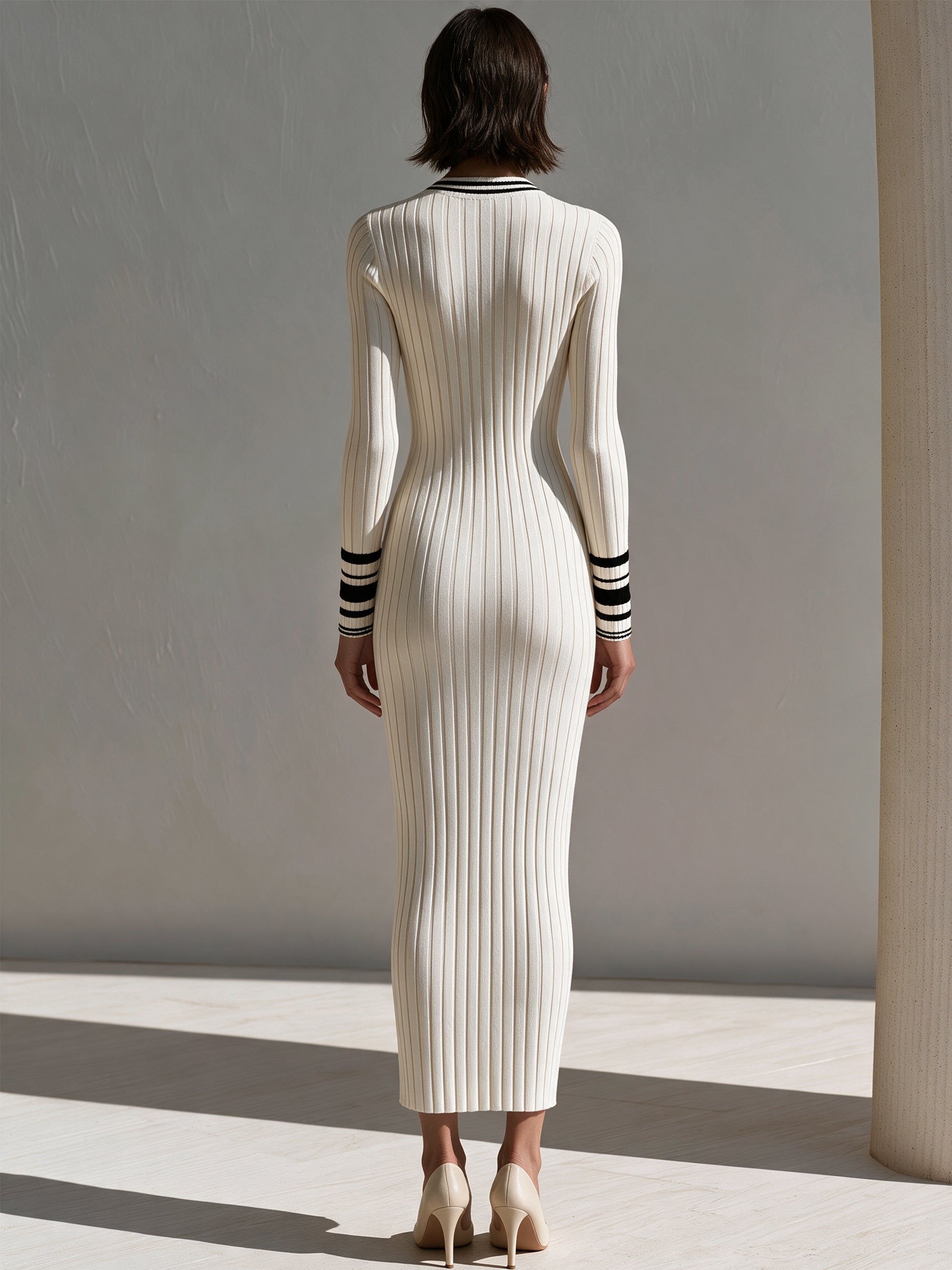 Ivory Contrast‑Stripe Trim Office & Resort Midi Dress