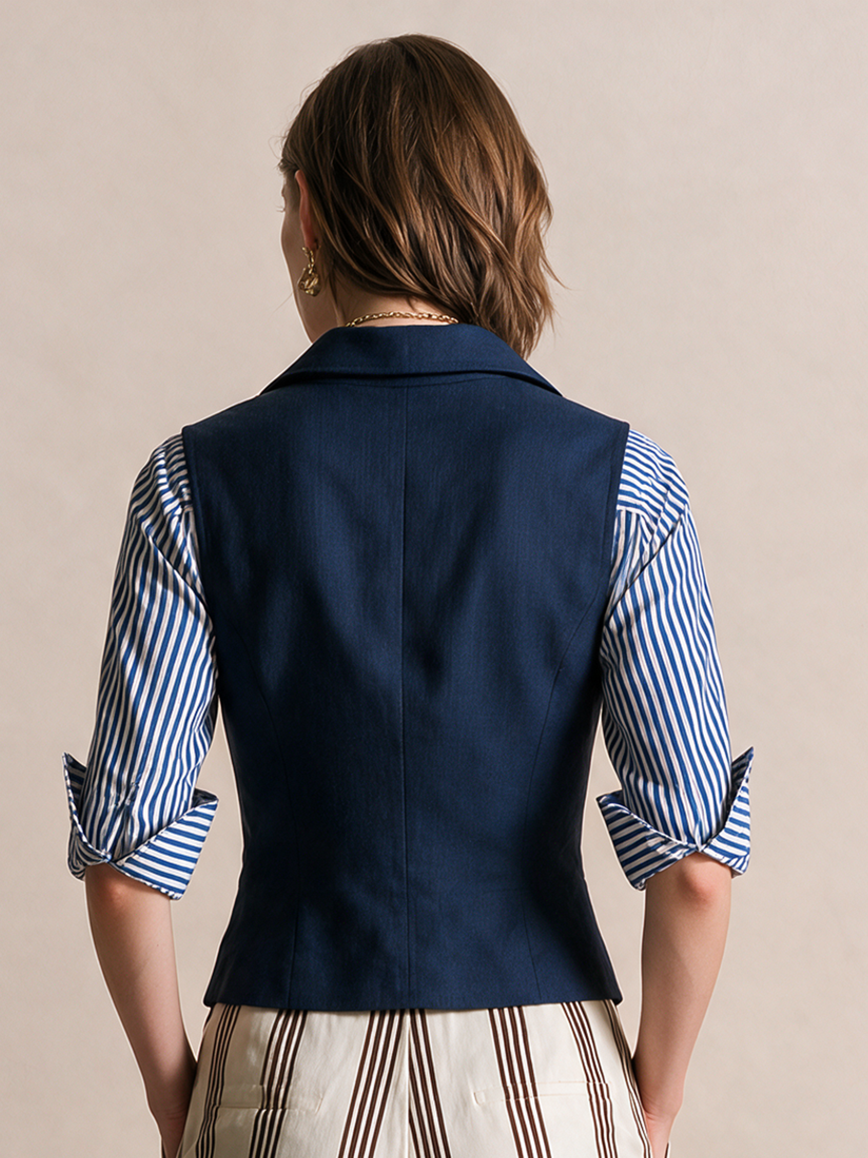 Elegant Navy Tailored Vest & Blue Striped Shirt Two-Piece Set