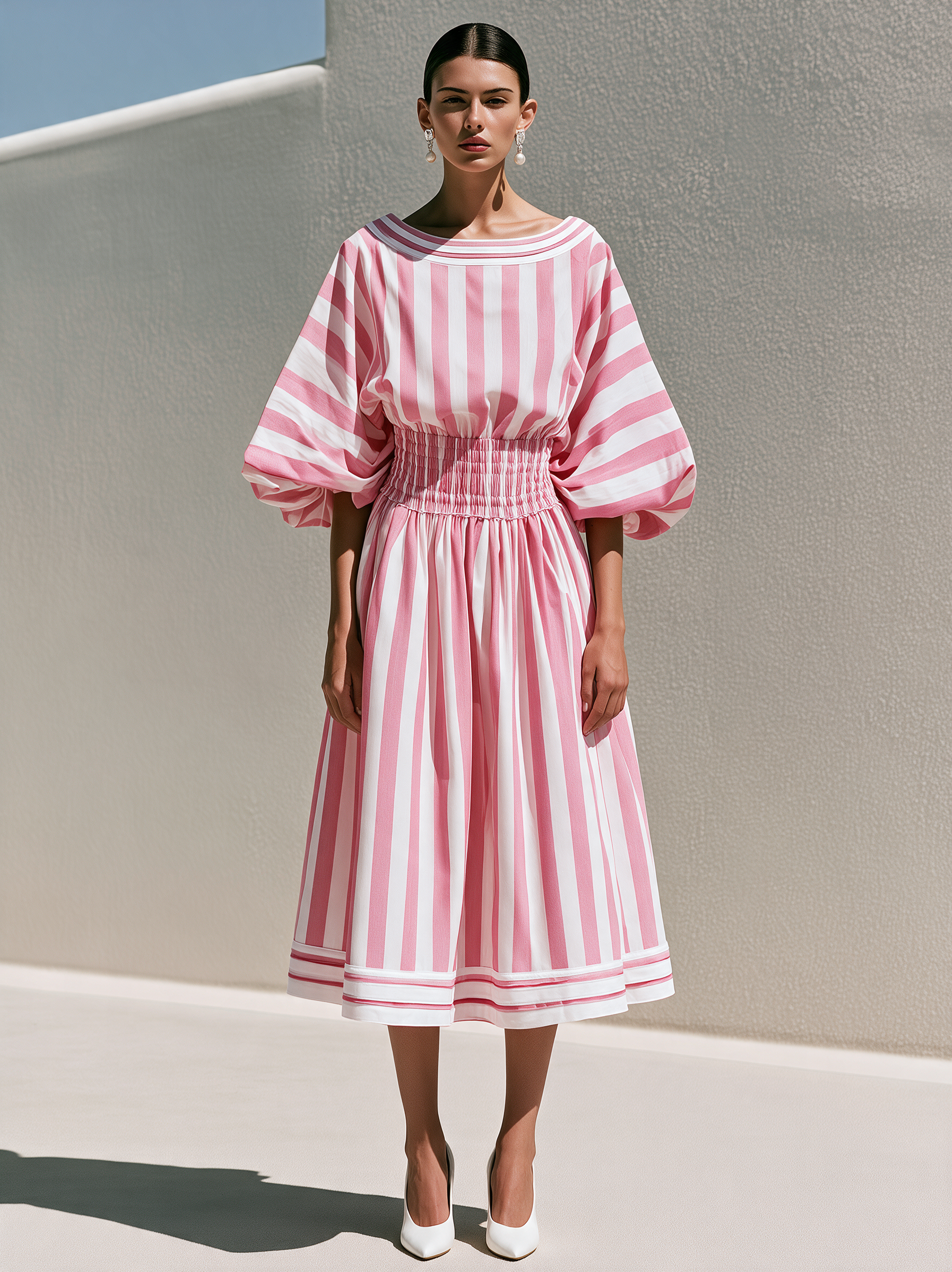 Pink Striped Smocked Waist Puff Sleeve Midi Dress