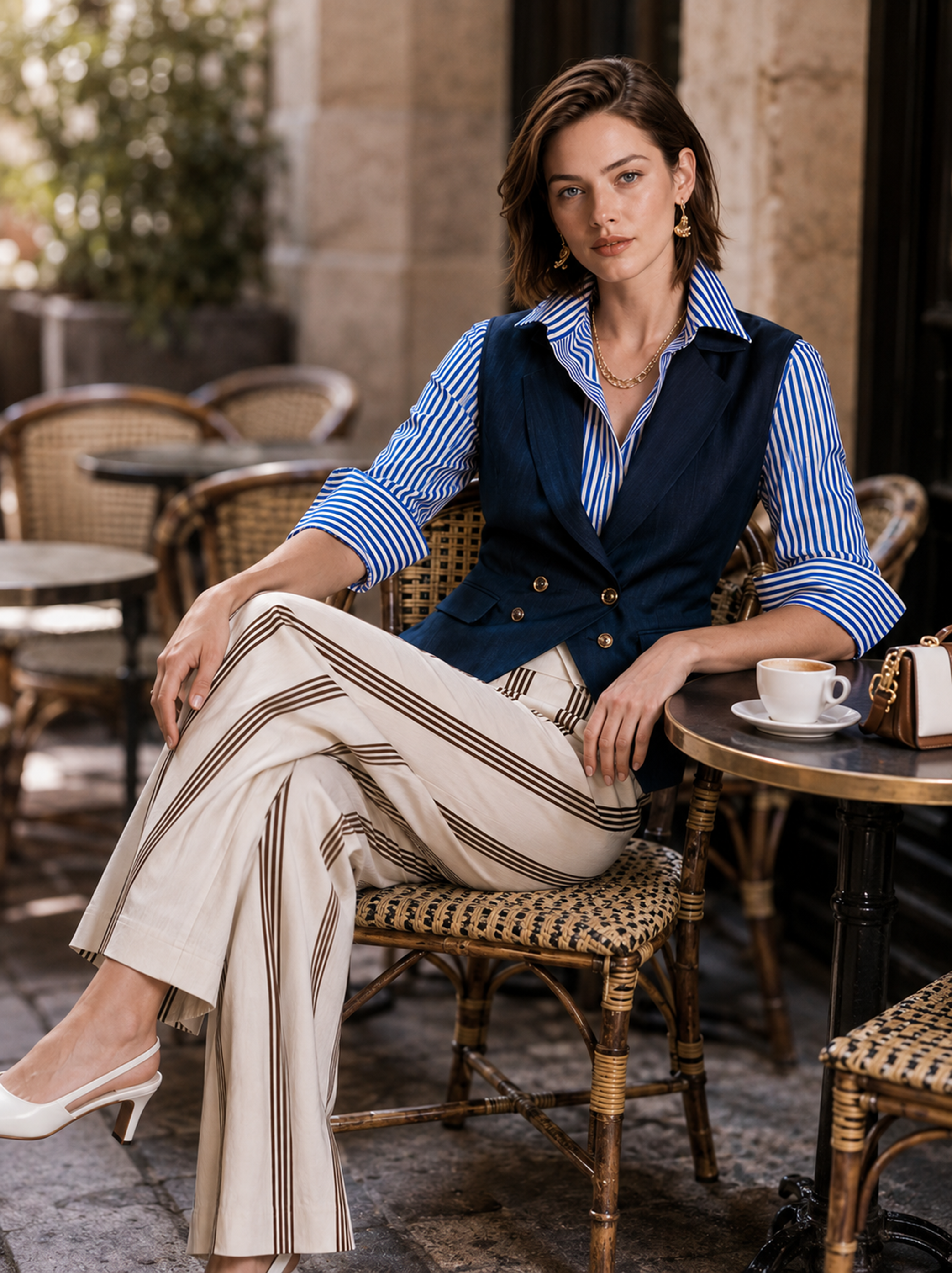 Elegant Ivory & Dark Brown Striped Wide-Leg Pants
