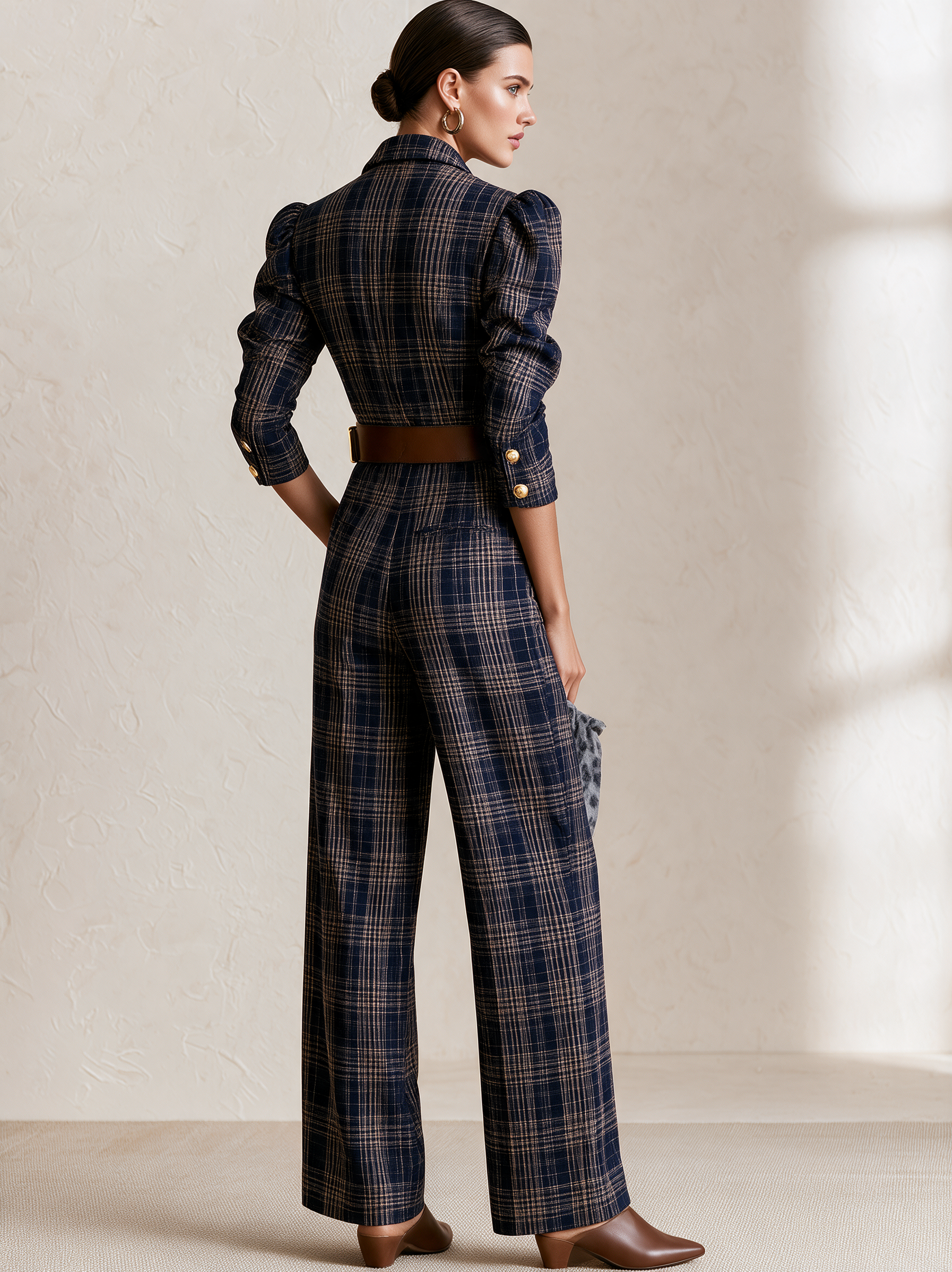 Navy Plaid Collared Wrap Belted Wide‑Leg Jumpsuit