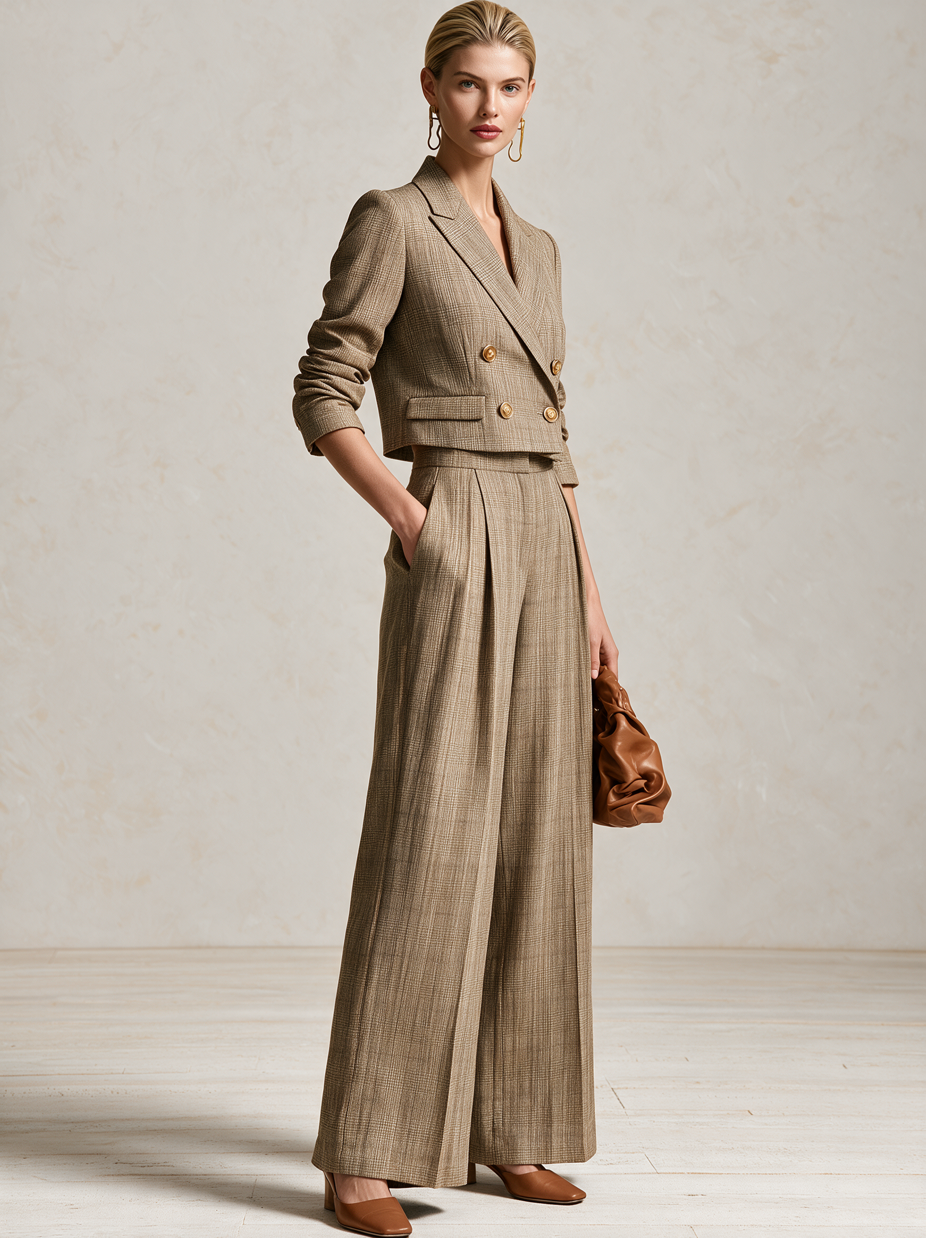 Khaki Plaid Cropped Double‑Breasted Suit Two‑Piece Set