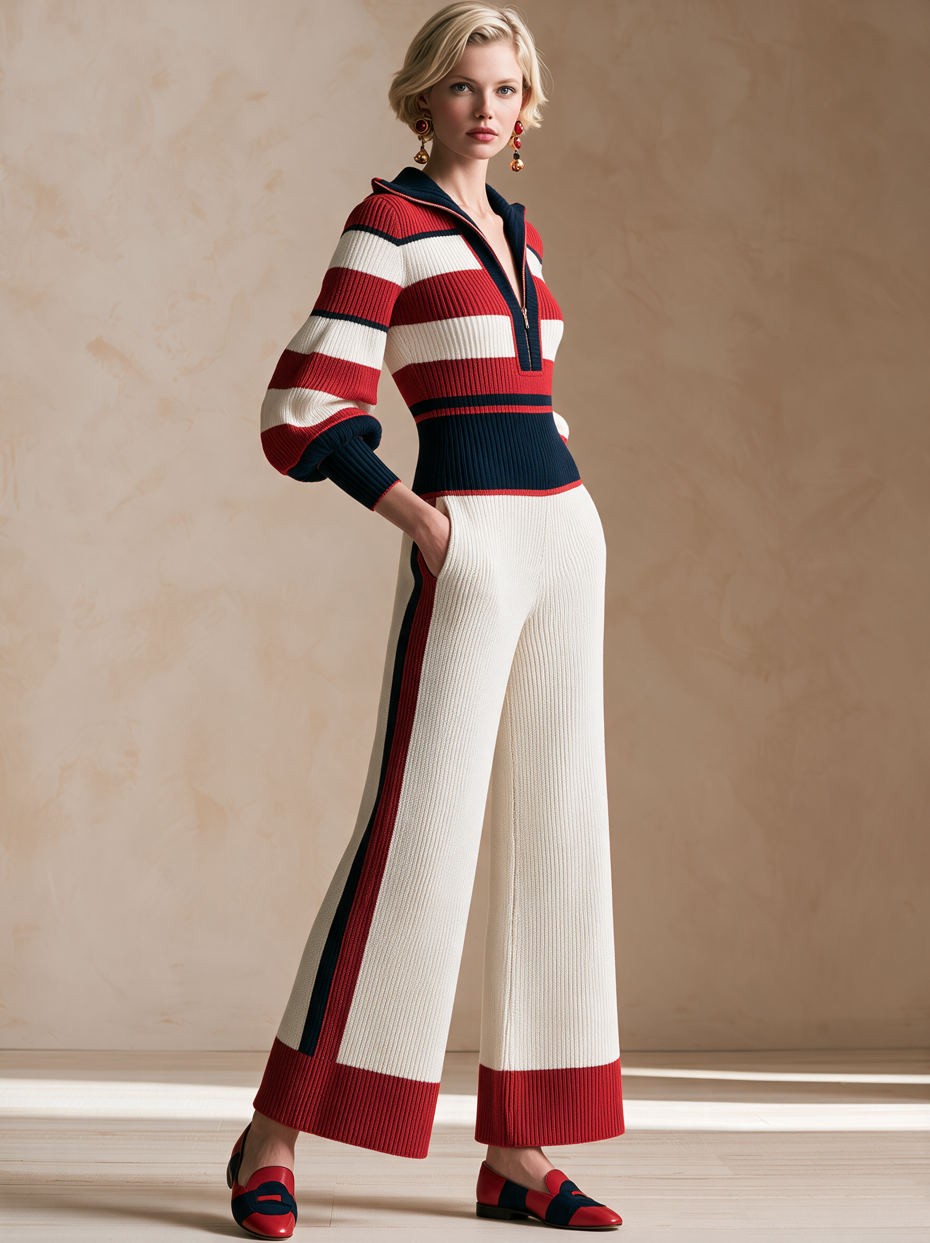 Color‑Block Stripe Half‑Zip Collared Knit Wide‑Leg Jumpsuit