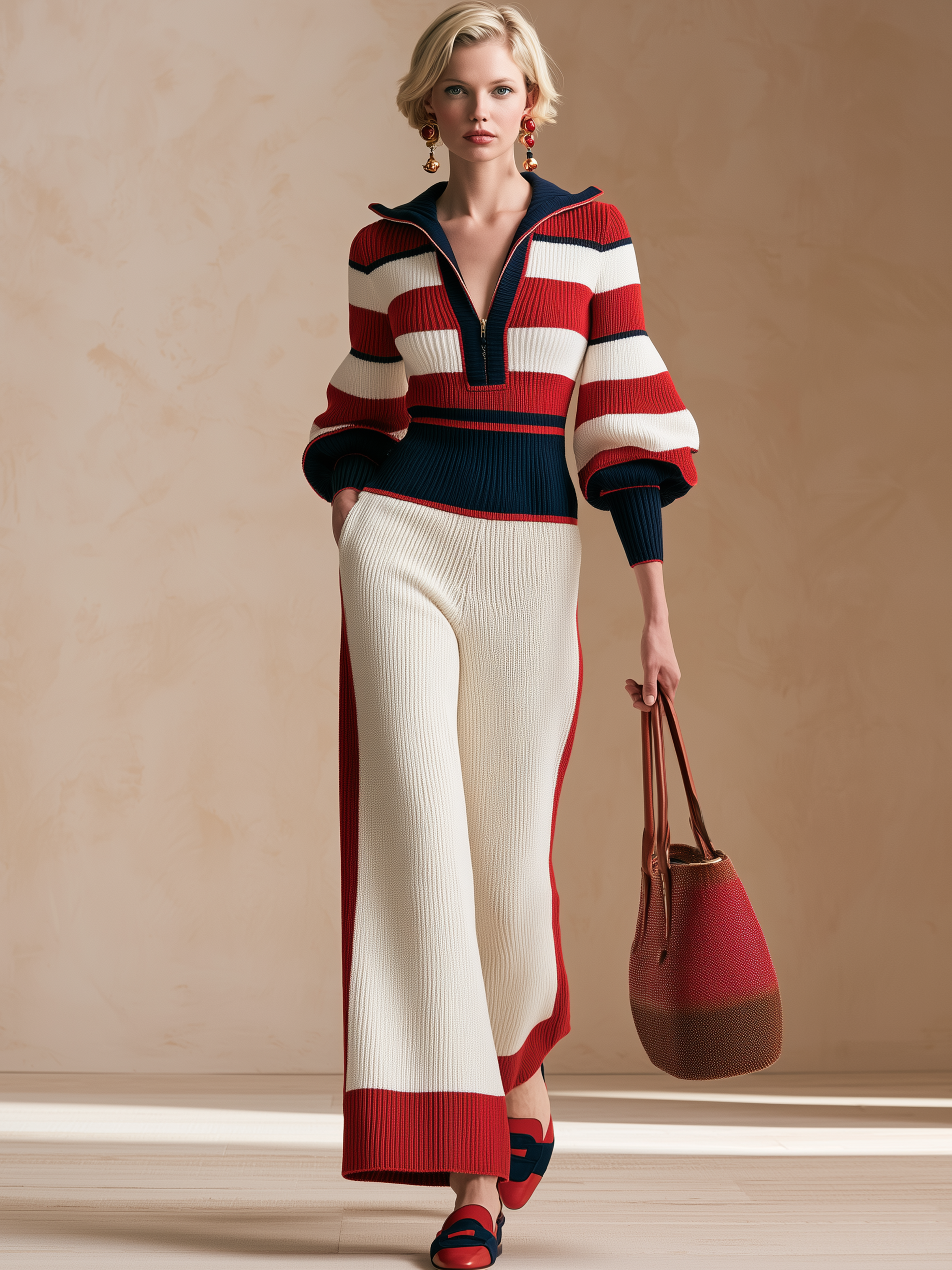 Color‑Block Stripe Half‑Zip Collared Knit Wide‑Leg Jumpsuit