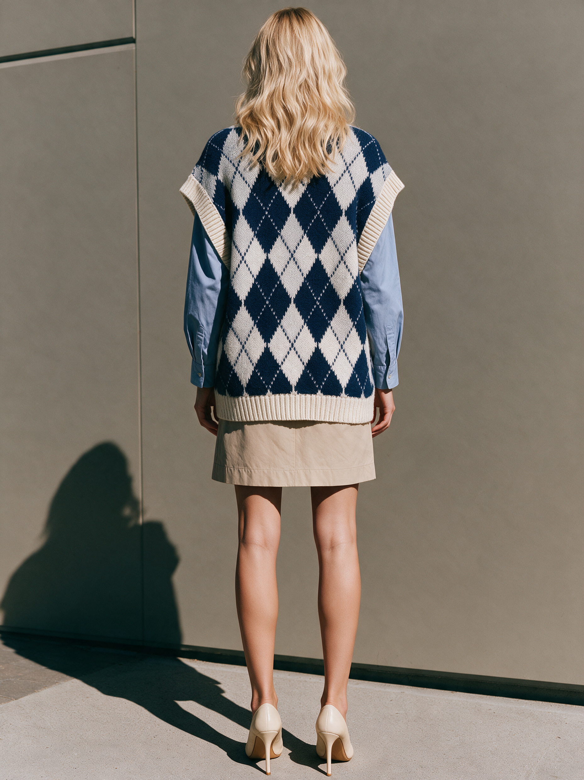 Navy Argyle V-Neck Oversized Sweater Vest