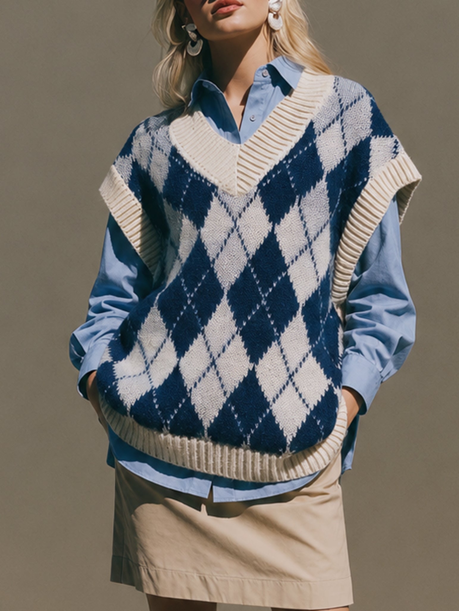 Navy Argyle V-Neck Oversized Sweater Vest